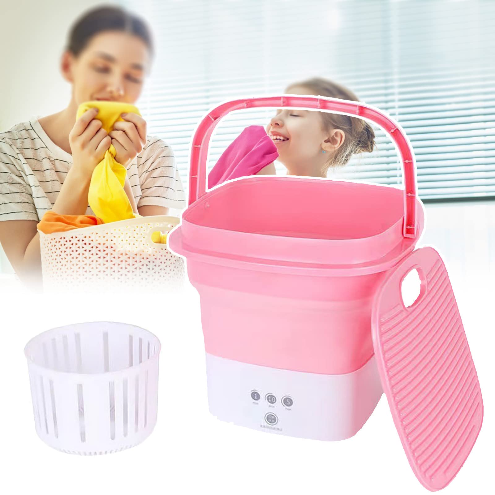 Mini machine à laver à ultrasons rose avec nettoyage à la lumière bleue