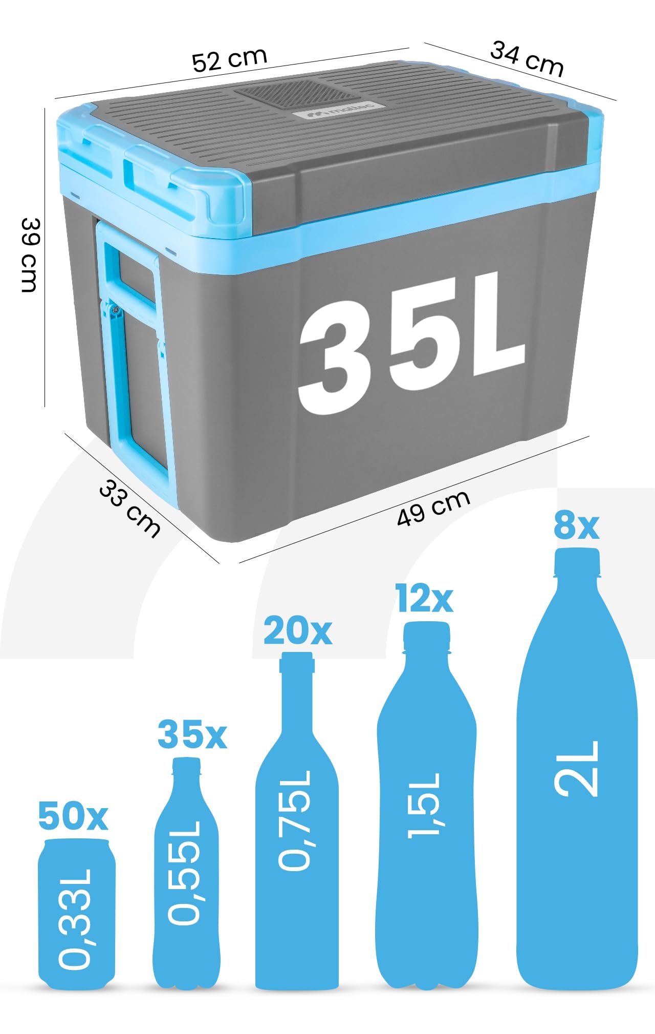 MalTec Lodówka podróżna do samochodu, 35 l, elektryczna lodówka 12/230 V, koła, na kemping, tryb ekologiczny, szary