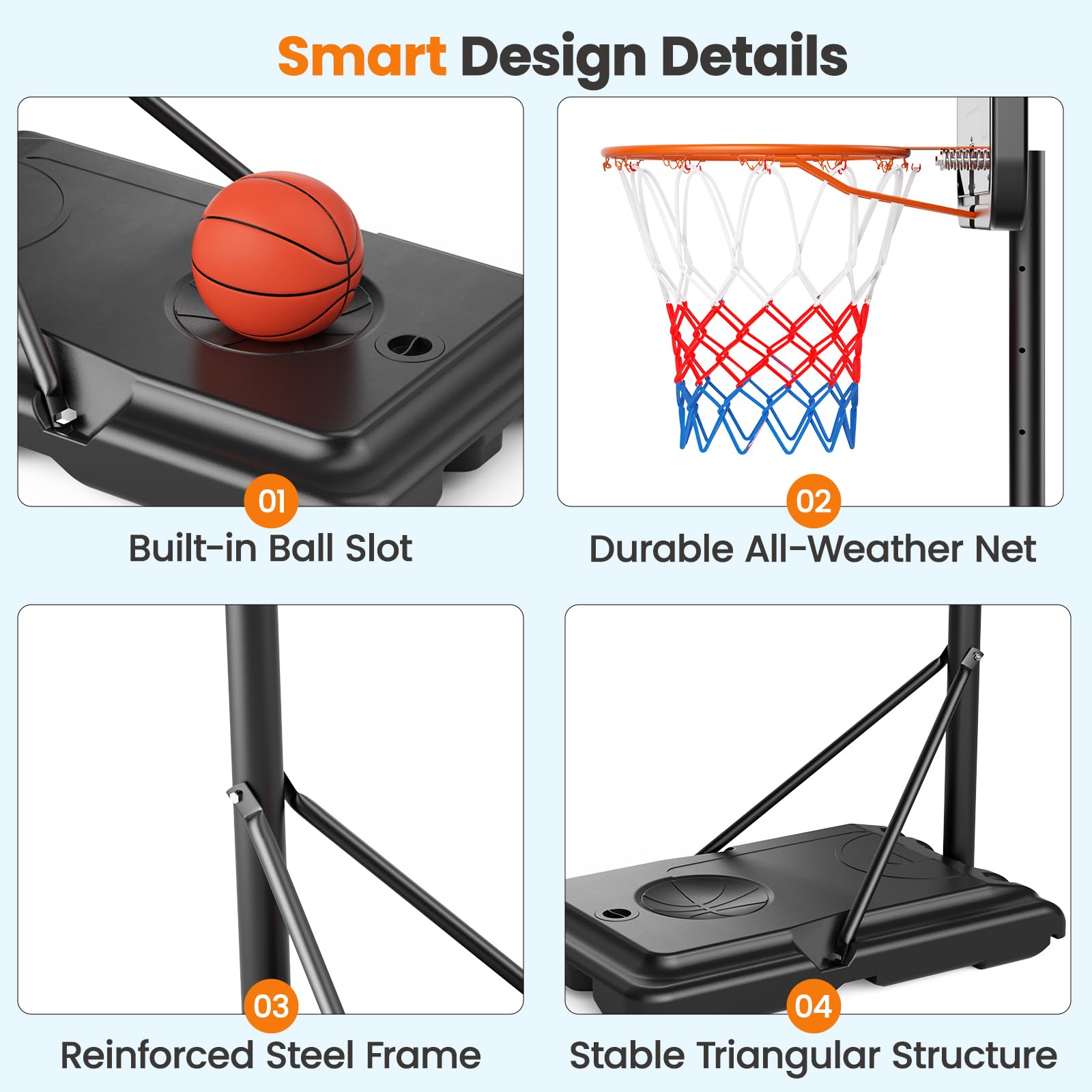Basketballkorb Outdoor,Tragbarer Basketballkorb,Verstellbare Korbhöhe von 128 bis 305 cm,Basketballständer mit 110x75cm Rückwand,Kommt mit Zwei austauschbaren Basketballnetzen