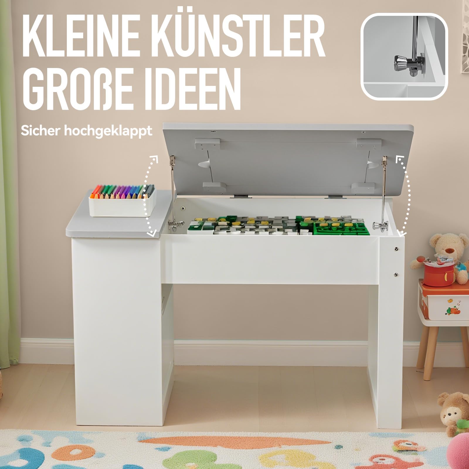 kindertisch mit 2 stühlen,Multifunktion Spielen Malen Lesen, 4 Wechselplatten, verstellbar & kippsicher, Stauraum, stabil bis 60kg, sicher ab 3 Jahre