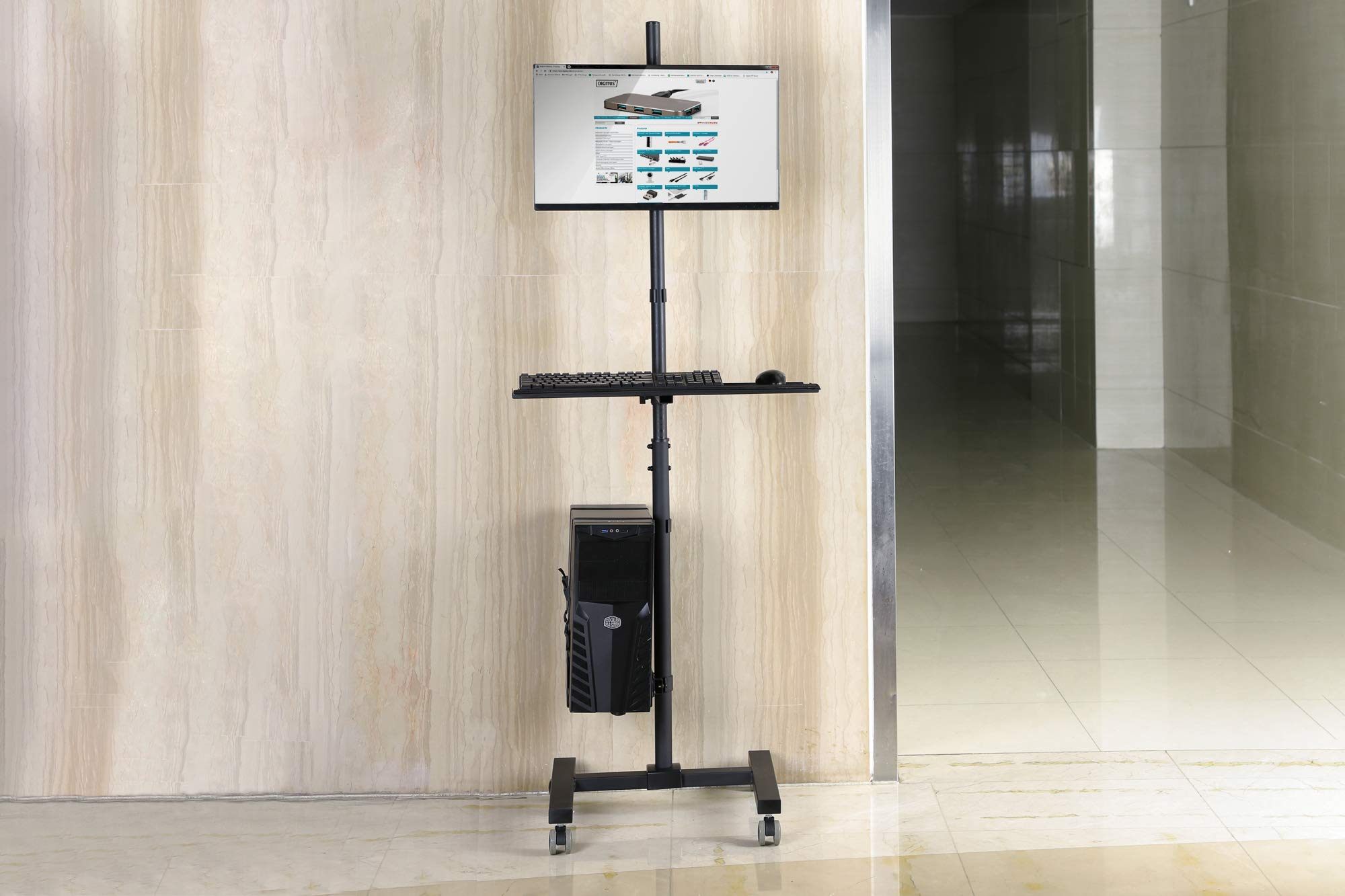 DIGITUS Estación de trabajo móvil con ajuste individual de altura - para monitores de 17" a 32" - gestión de cables integrada - con soporte para PC - negro