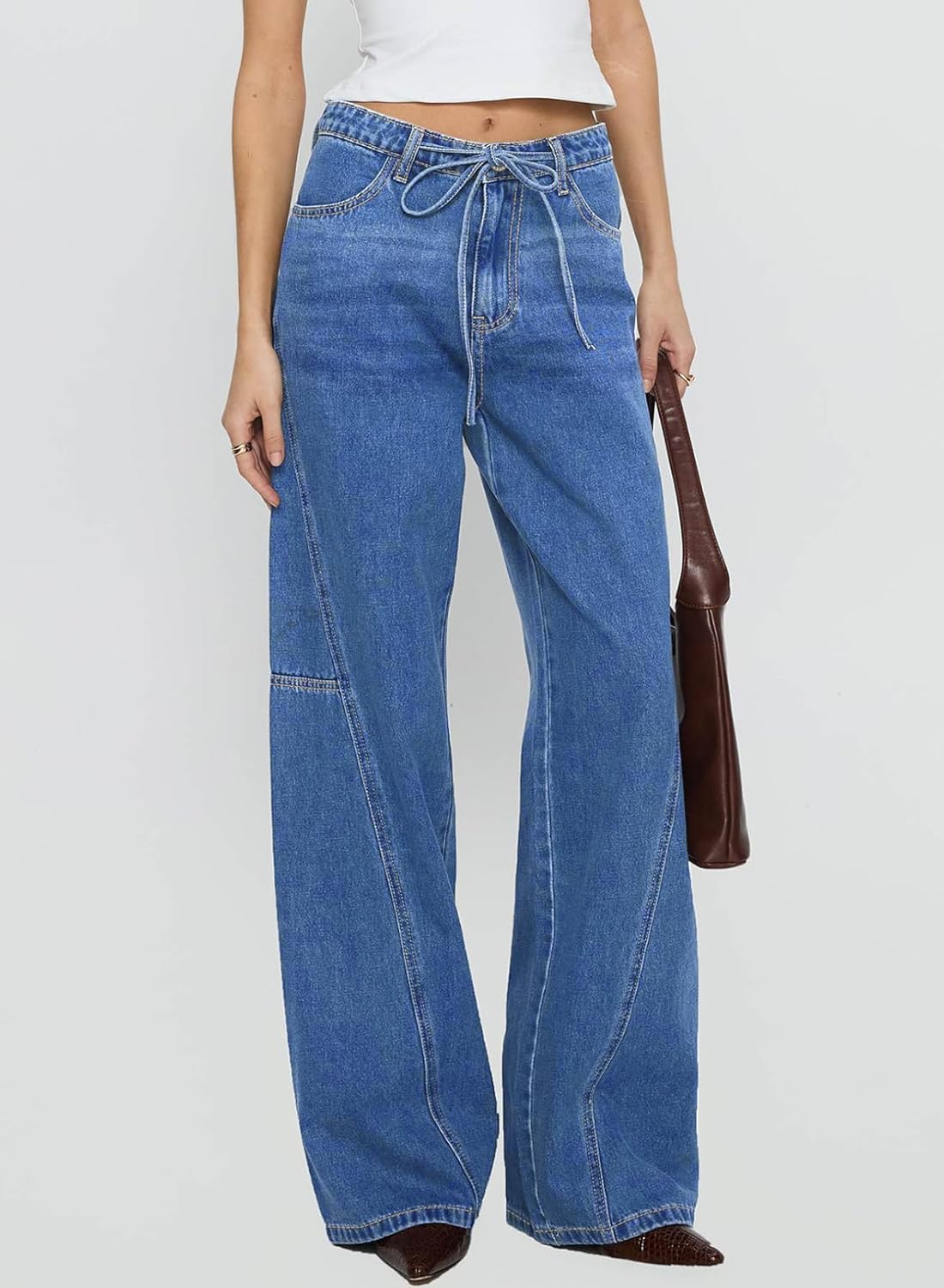 sidefeel women's wide leg jeans low waisted stretchy drawstring button down denim pants 6 light blue