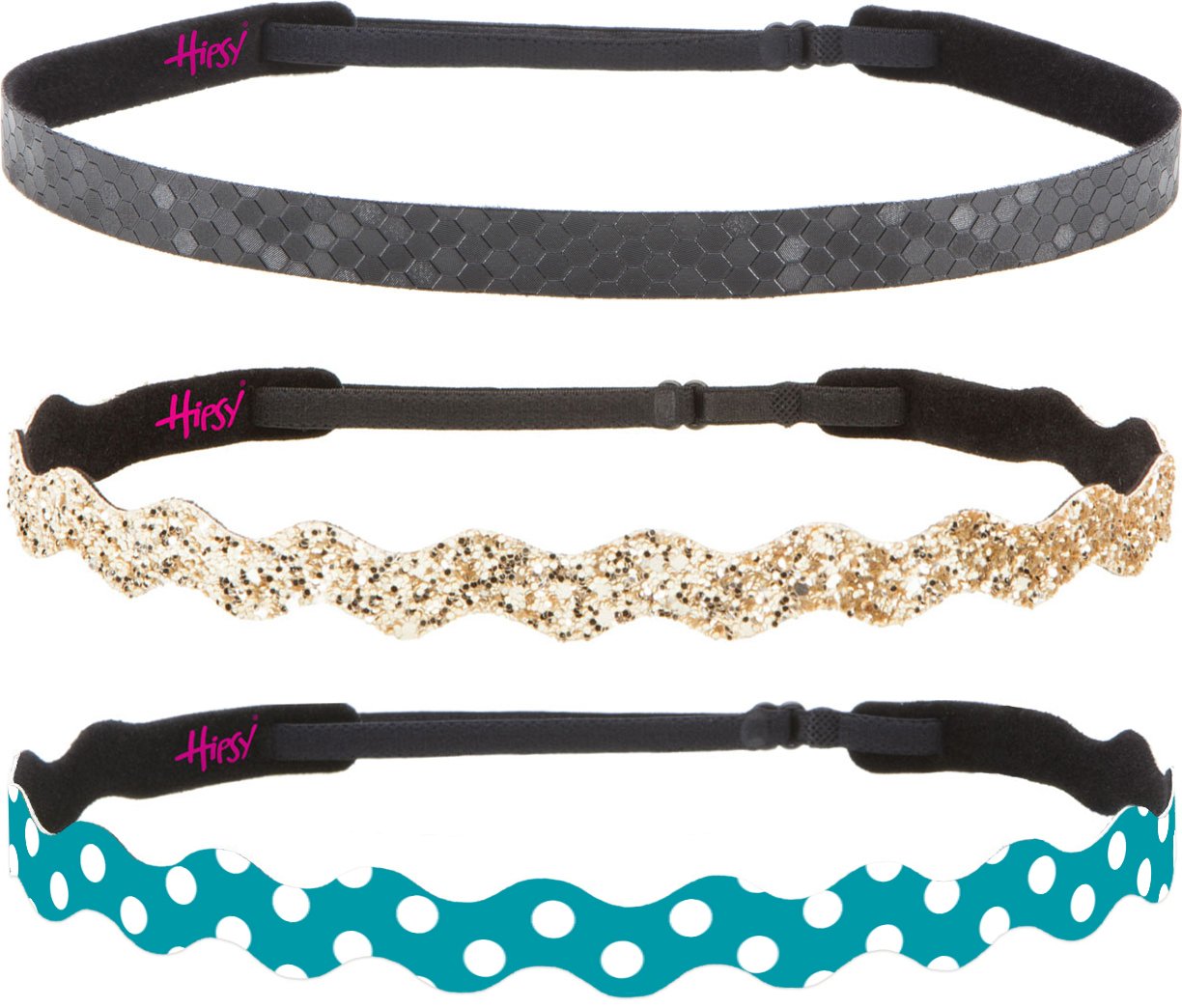 Hipsy Women's Adjustable Non Slip Wave Polka Dots & Bling Glitter Fashion Headbands 3-pack (Teal/Gold/Black)