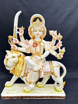 Durga Statue 14.5 Inch Cultured Marble Hand Painted, ambe maa murti Divine Power Triumph of Good Over Evil. Warrior Goddess Durga on Lion | Adiskati, Kali, Durga Idol for Navratri puja