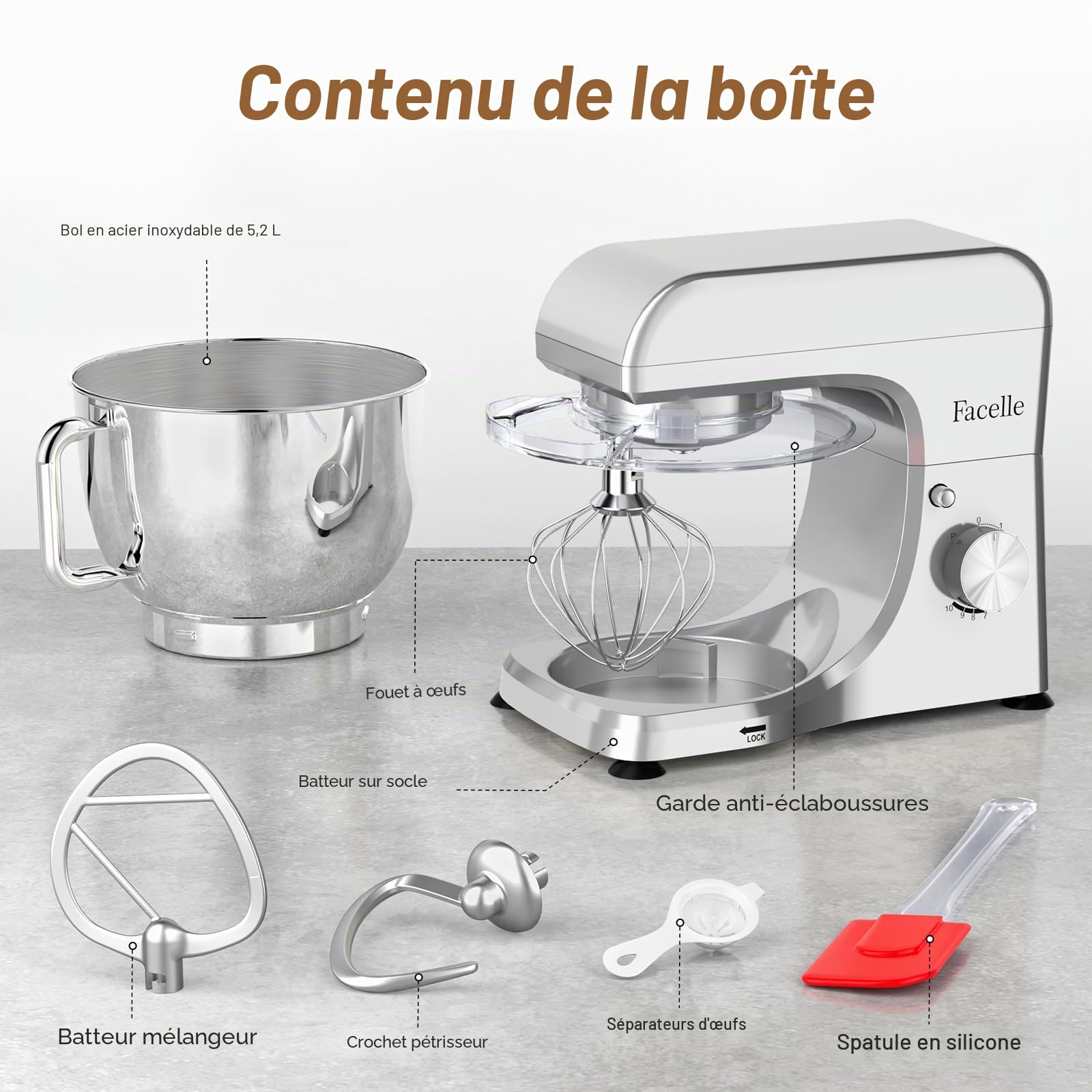 Robot Pâtissier 1500W, Bol en Inox 5.5L, 10 Vitesses + Pulse