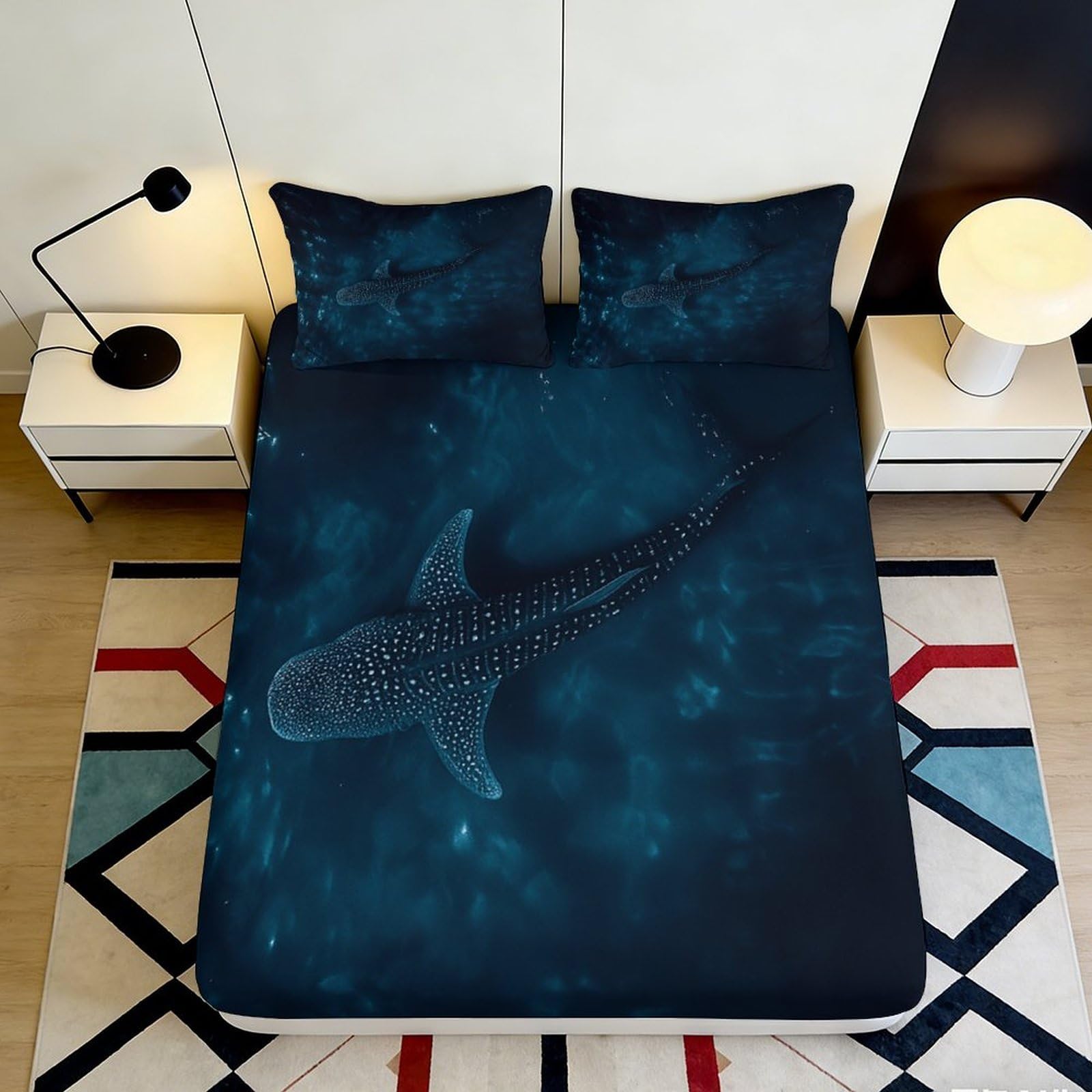 3D Printed Whale Shark Ocean Fitted Sheet Microfiber Deep Blue Mattress Cover for Bedroom Guest Room Dorm Decor 120x200x25cm