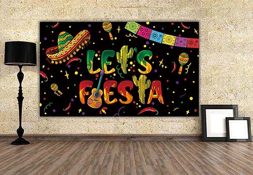 Miniatura 5 de Telón de fondo negro de Let's Fiesta Mexicana, 6 x 3.6 pies, decoración de fiesta de Let's Fiesta Luau Cinco de Mayo, decoración de cumpleaños,
