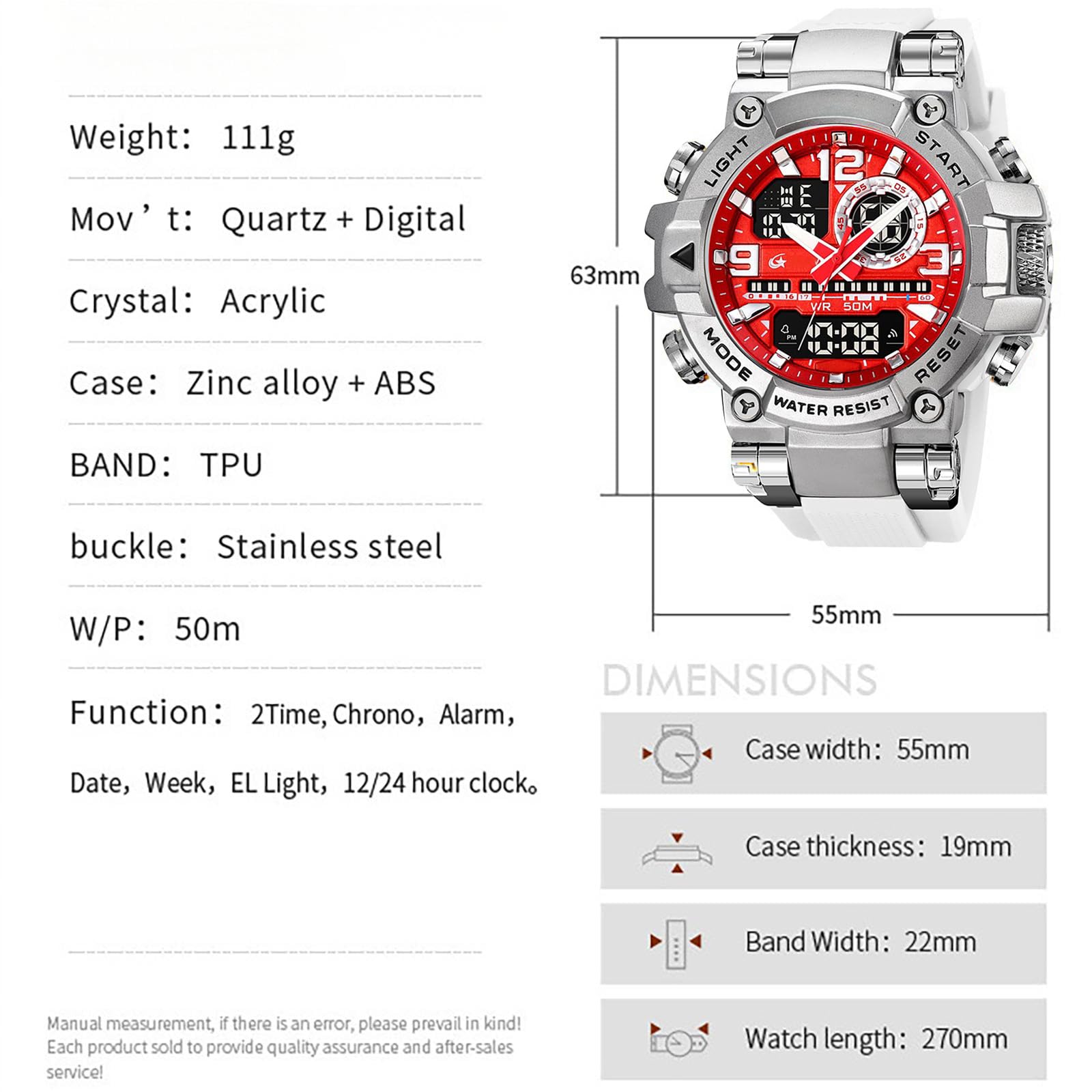 findtime Orologio da polso da uomo, grande, sportivo, digitale, impermeabile, robusto, per attività all'aperto, per uomini, ragazzi, sport, allarme LED, doppio tempo
