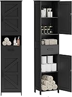 Homhedy 67" Tall Narrow Bathroom Storage Cabinet with Barn Doors, Drawer & Adjustable Shelves - Black Floor Unit for Small Spaces (15.7"W)