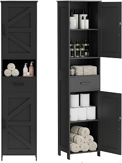 Homhedy 67" Tall Narrow Bathroom Storage Cabinet with Barn Doors, Drawer & Adjustable Shelves - Black Floor Unit for Small Spaces (15.7"W)