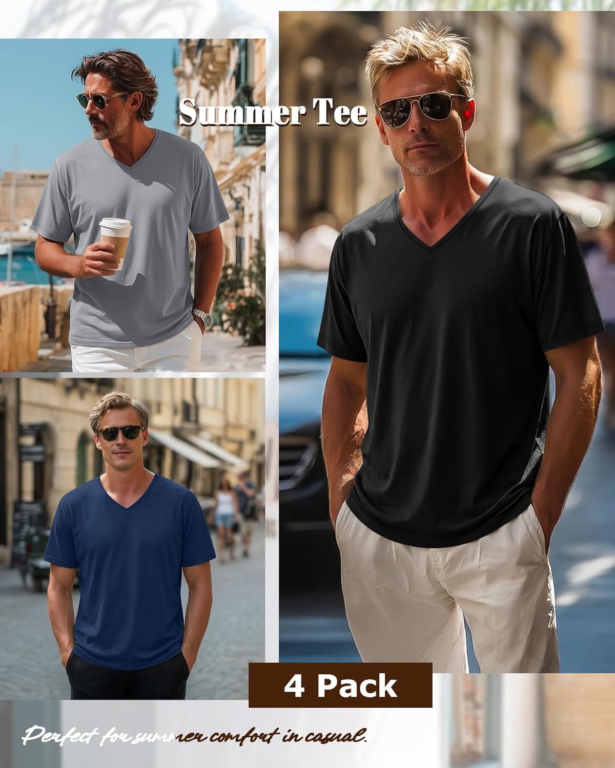 Huukeay 4 Pack Men's V Neck Cotton T Shirts M-7XL Regular Big and Tall Short Sleeve Tee 2026 Summer Clothing