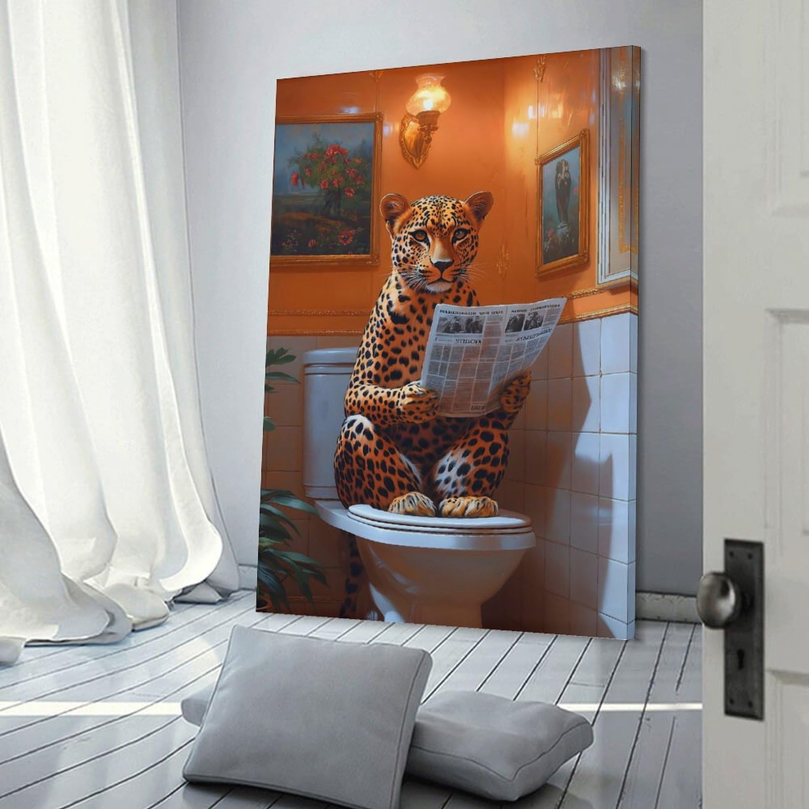 Junmoney Leopard Reading Newspaper Toilet Wall Decor Canvas Print, 20x30inch(50x75cm), for Living Room, Lounge Or Sitting Room, Easy Decor for Gallery Walls