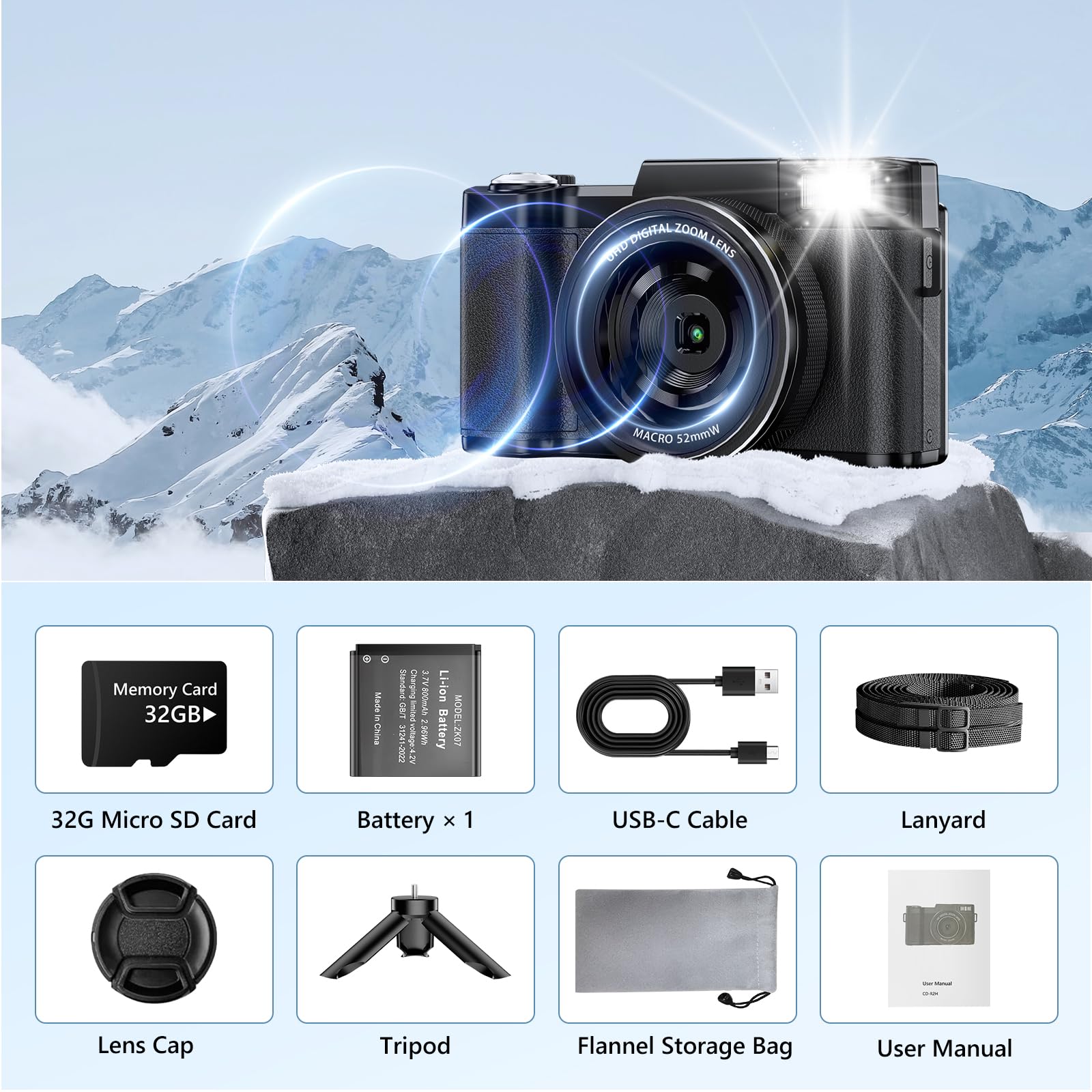 Macchina Fotografica 5K 64MP Zoom Digitale 18X Autofocus Fotocamera Digitale, Schermo IPS 3" Rotante a 180°, Fotocamera per Vlogging con Scheda di Memoria da 32GB,per Principianti (Nero chiaro)