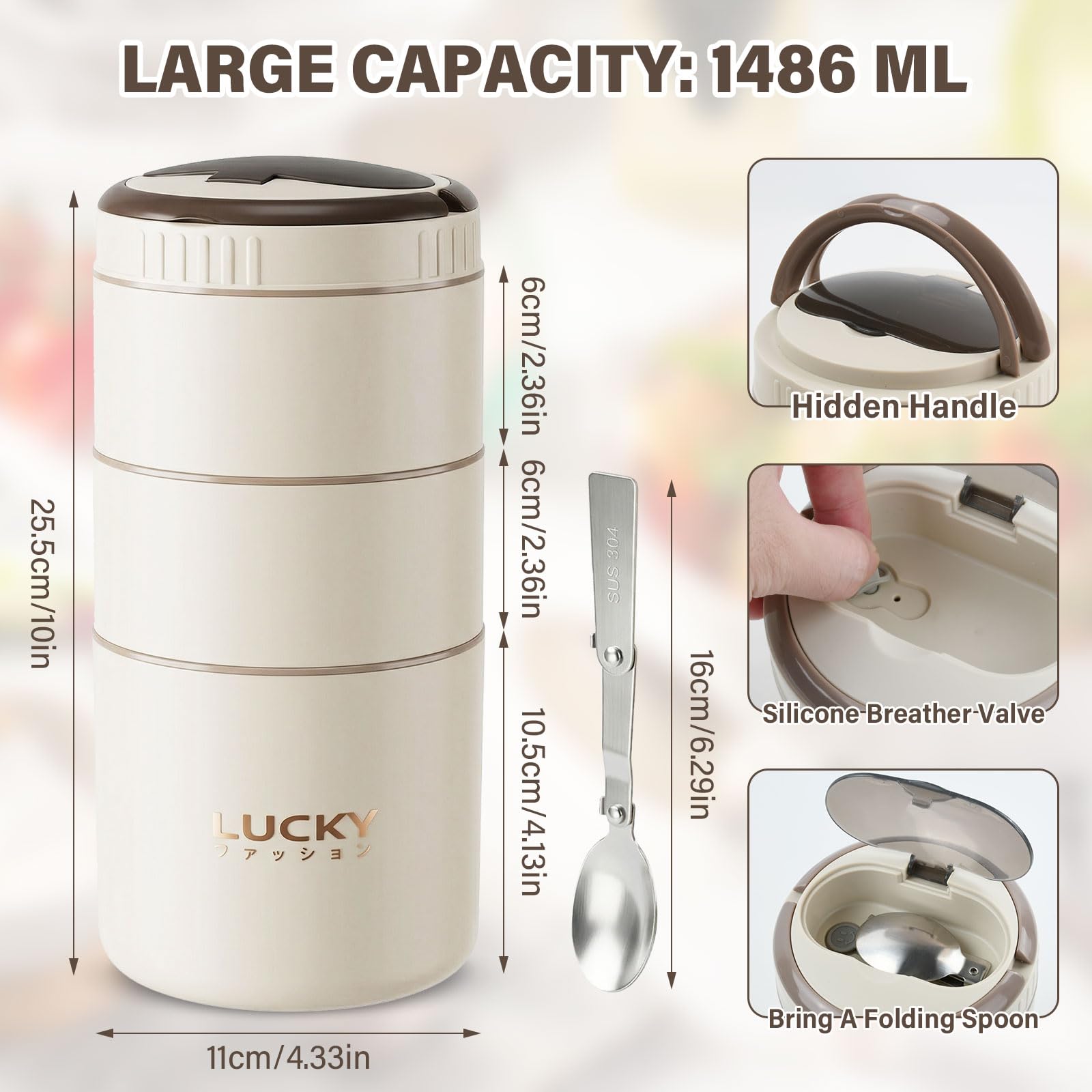 Contenitore Termico per Alimenti, 3 Strati, Lunch Box Termico Portatile con Cucchiaio Pieghevole, Grande Capacità Beige, Ideale per Ufficio, Scuola e Picnic