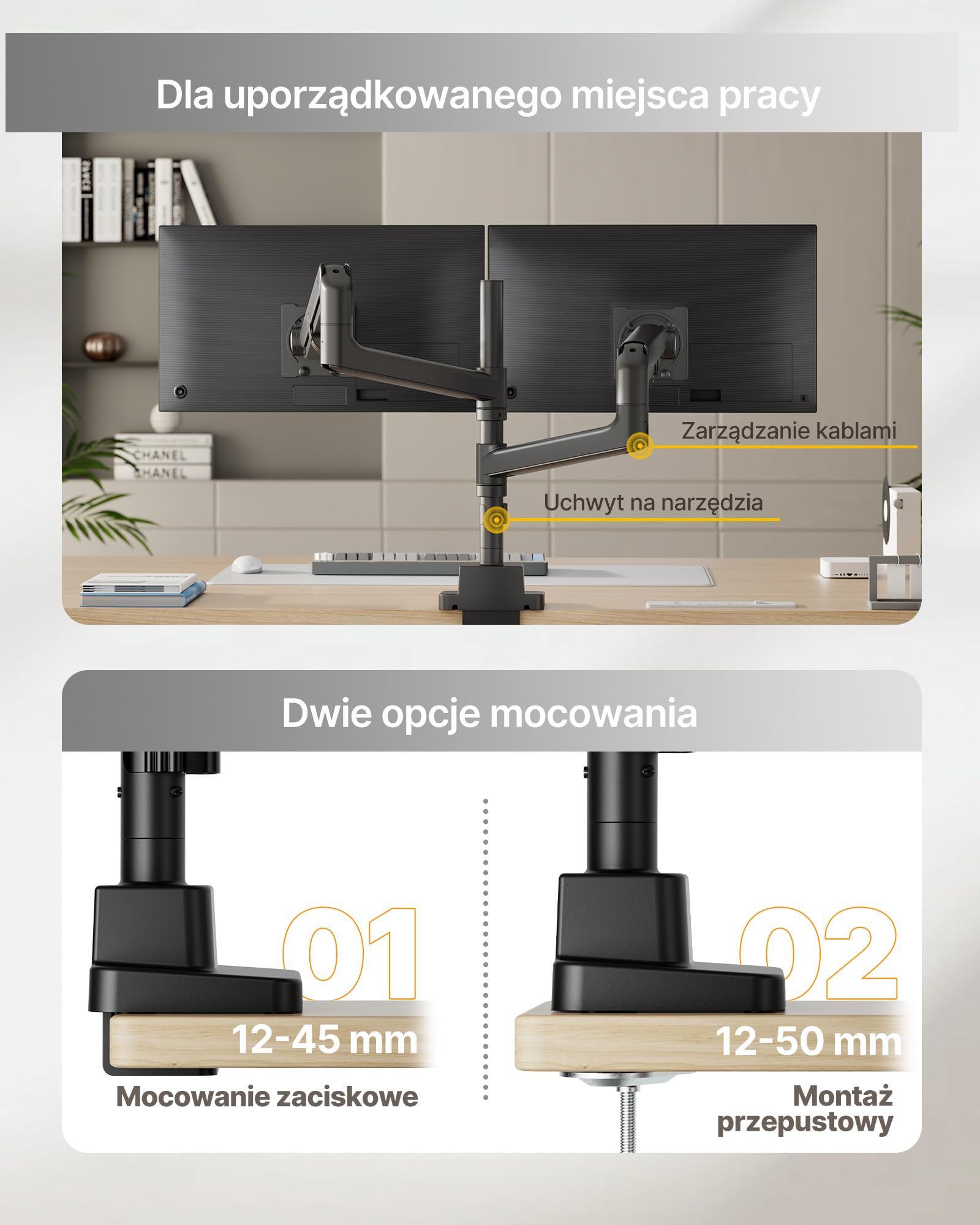 monTEK Podwójne Ramię do Monitora z USB 17-57", do 27 kg