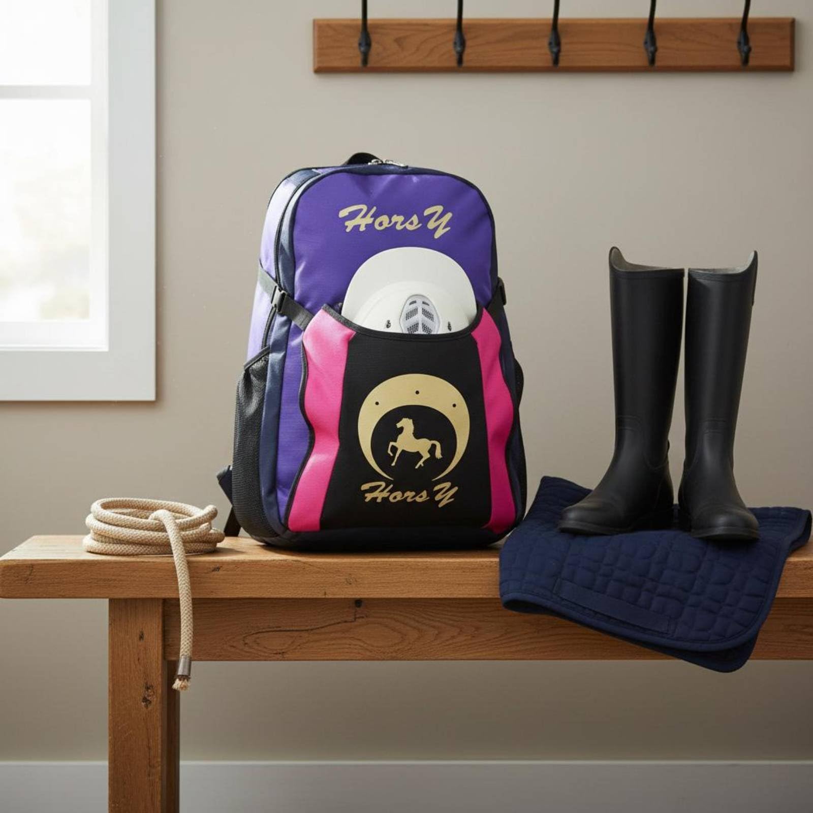 Perfeclan Equestrian Sports Pack Mochila Ecuestre Bolsa Casco Botas Caballo Compartimentos Prácticos Separación de Equipo Respaldo Ventilado Adecuada para Entrenamiento Rutina Competitivos