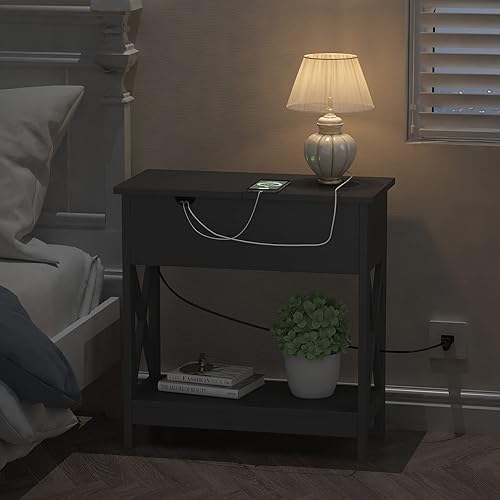 Miniatura 4 de ChooChoo Mesa auxiliar con estación de carga, mesa auxiliar estrecha abatible con puertos USB y tomas de corriente para espacios pequeños, mesita de