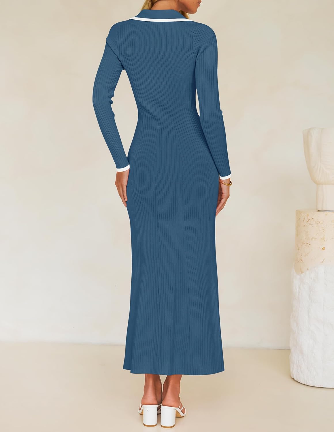 ZESICA Women's Long Sleeve Sweater Dress 2026 Fall V Neck Ribbed Knit Casual Formal Cocktail Bodycon Maxi Dresses - Image 4