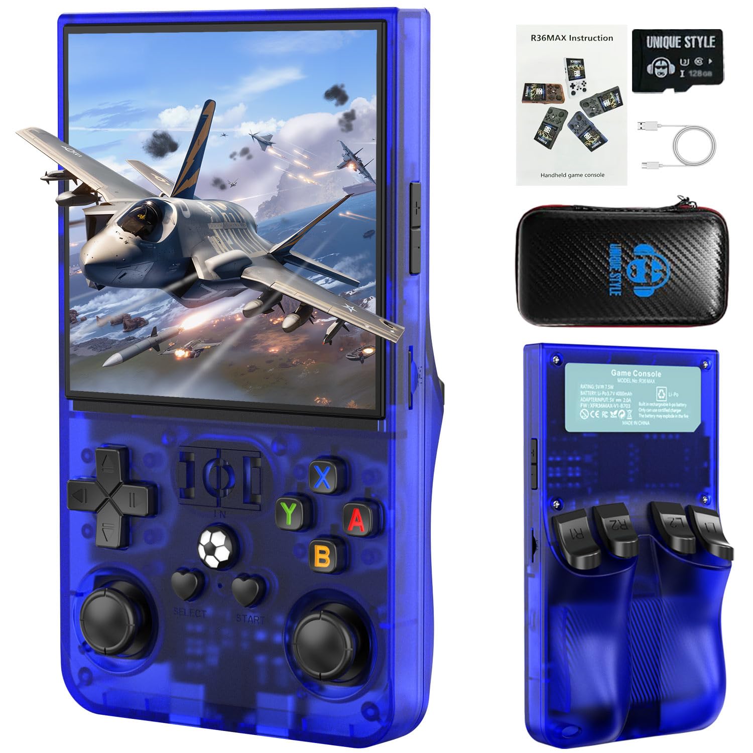 R36MAX Retro Gaming Console, 30+ Emulator Console Video Game Console, 4000mAh Battery 4.0 Inch IPS HD Screen Portable, Retro Handheld Game Console (128GB Blue)