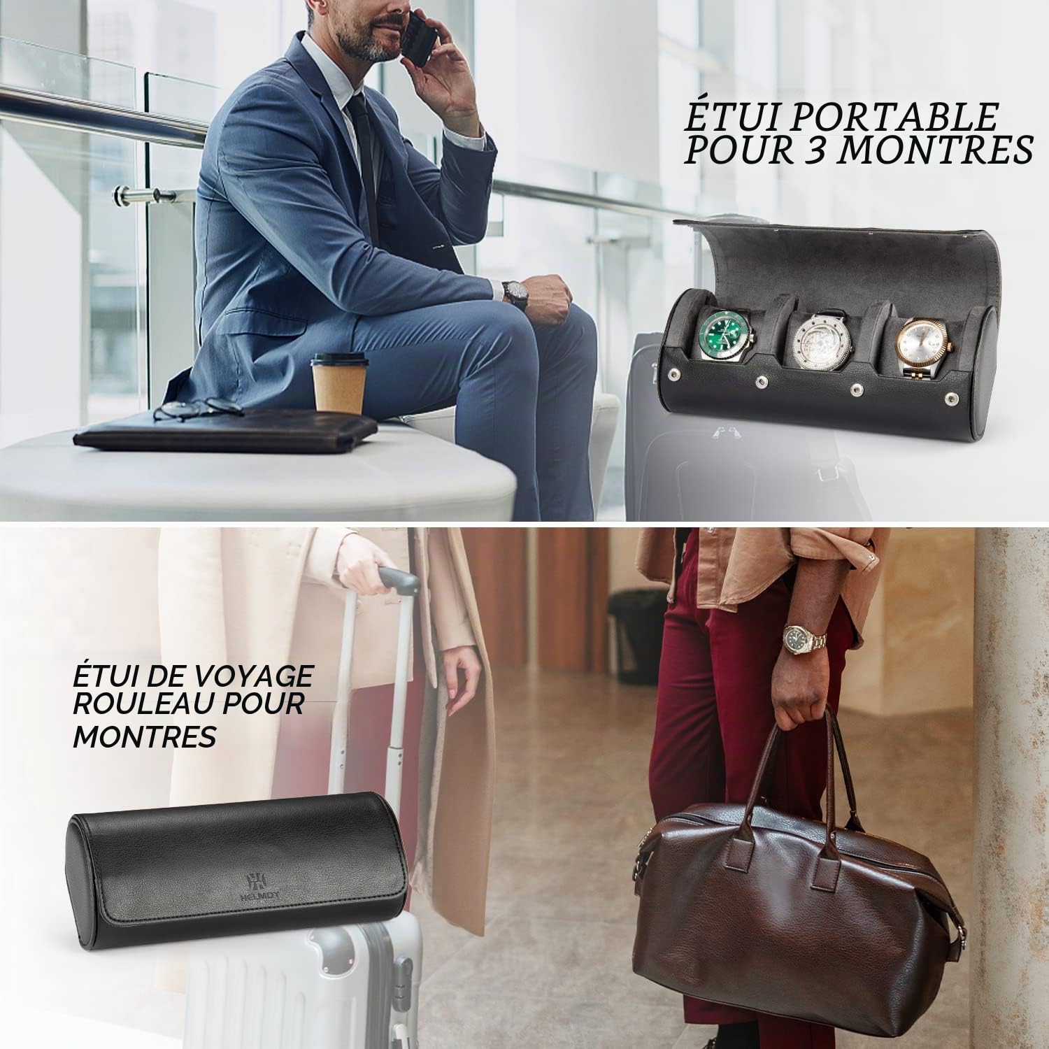 Boîte à Montres Coffret de rangement pour 3 Montres homme Regarder Rouleau Valise De Voyage 3 Fentes Doublure en Velours, Fermeture en Métal Pu Cuir Montre Portable Affichage Stockage (Noir)
