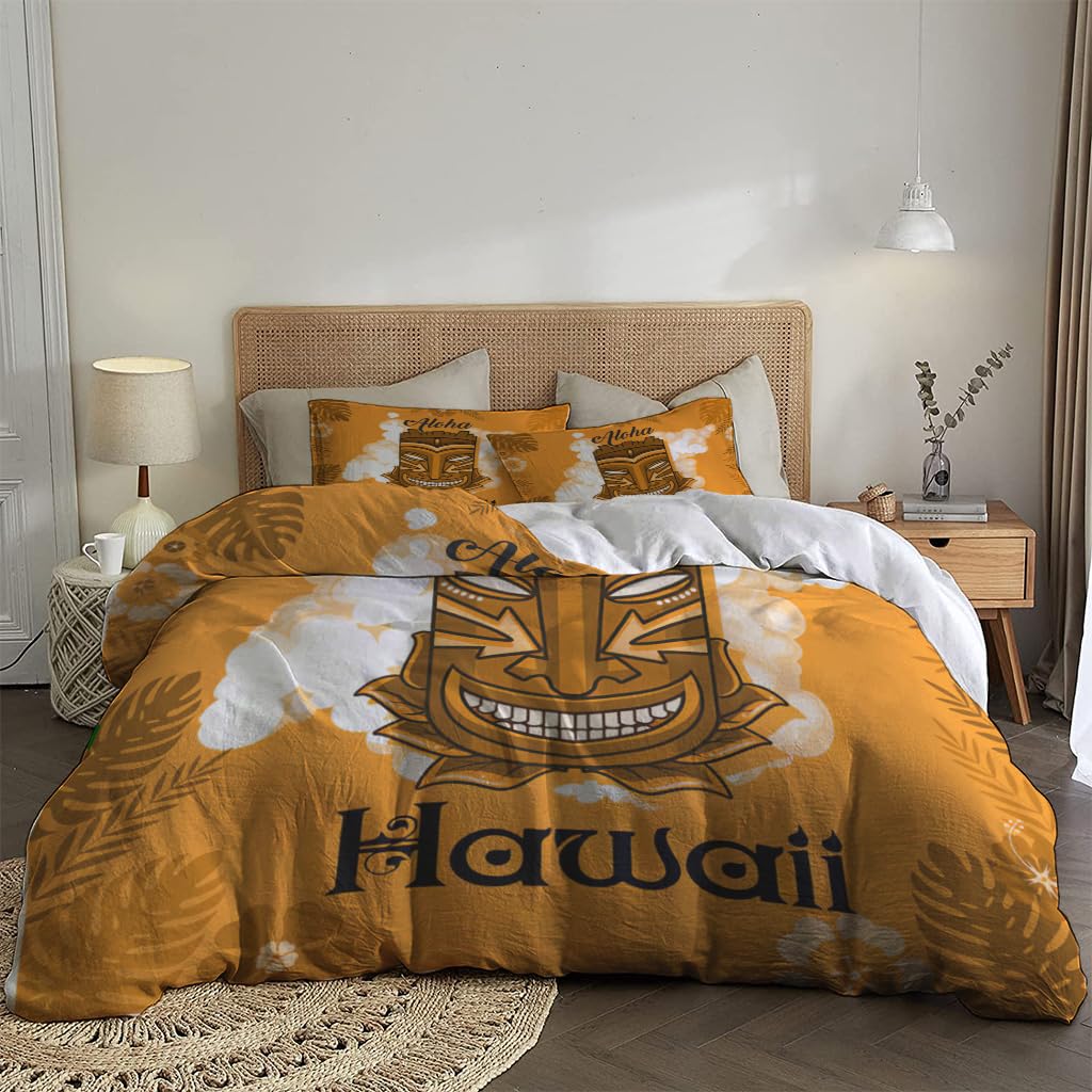 NIBAINLO 布団カバーアロハ-ハワイ-ティキ-マスク-葉っぱ-オレンジ-背景 肌に優しい ピーチスキン加工 掛け布団カバー 和式 洋式 あったか 布団カバーセット リバーシブル ホームステイ ホテル 家庭兼用