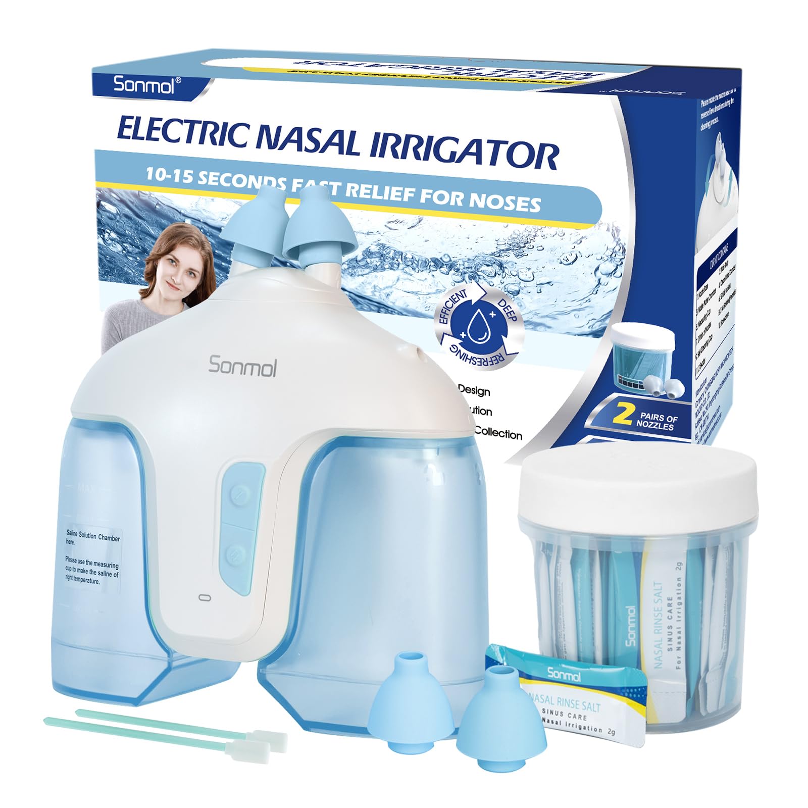 Sonmol Nasal Irrigation System with 50 Salt Packets Electric Neti Pot Nose Wash Deep Cleaning Sinus Rinse Machine for Congestion Relief Runny Nose Itching (Blue)