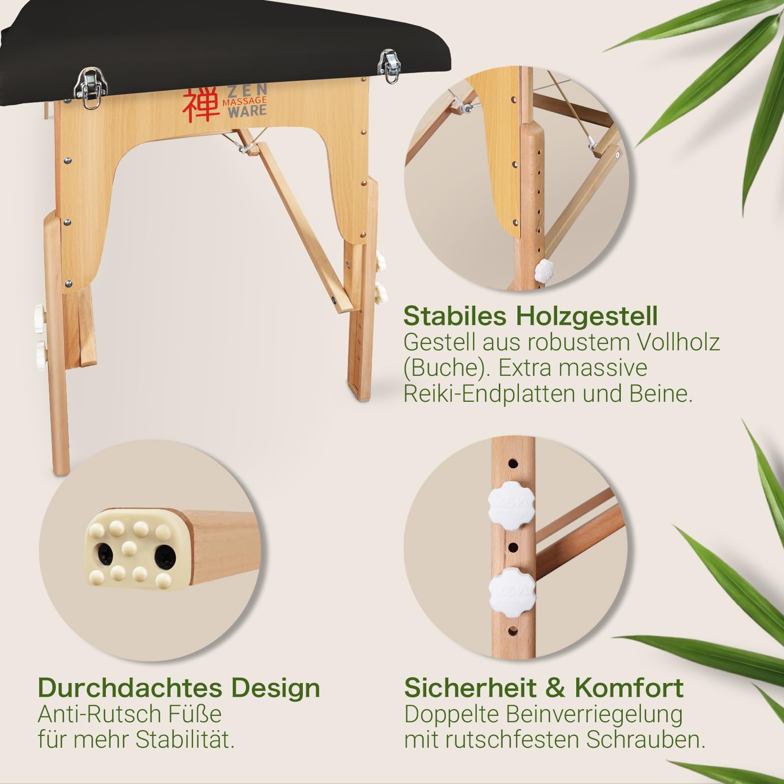 Zen® Startup Massageliege klappbar & Mobile Massagetisch aus Holz, stabile Massagebett - Massagebank höhenverstelbar, Tattoo & Kosmetikliege - Behandlungsliege mit Kopfteil - Schwarz