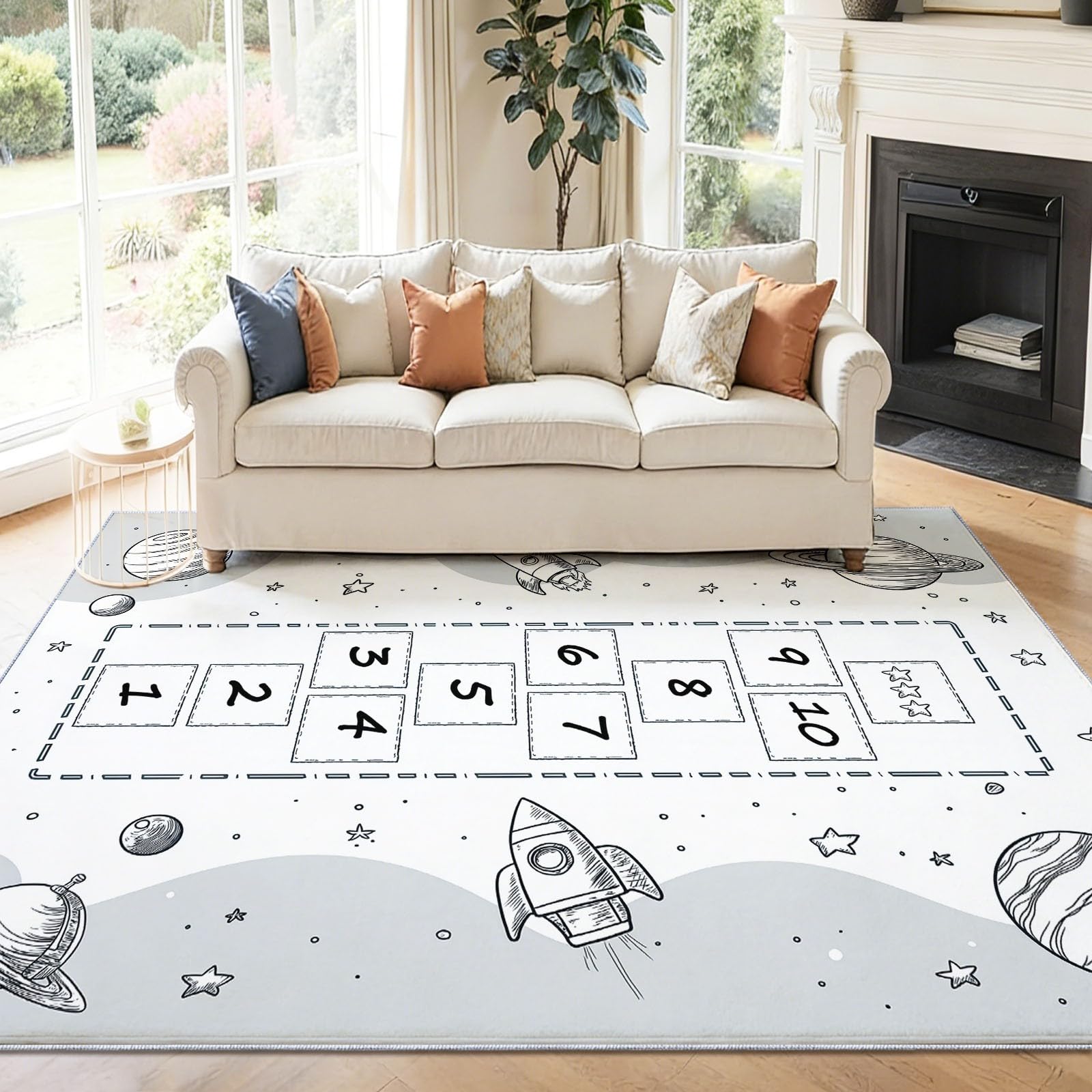 Tapis Salon 120 x 170 cm, Lavable Antidérapant Tapis, Thème De l'espace Marelle pour Enfants Carrés Imprimé Carpette pour la Chambre la Salle à Manger et Bureau - Gris Low Poils