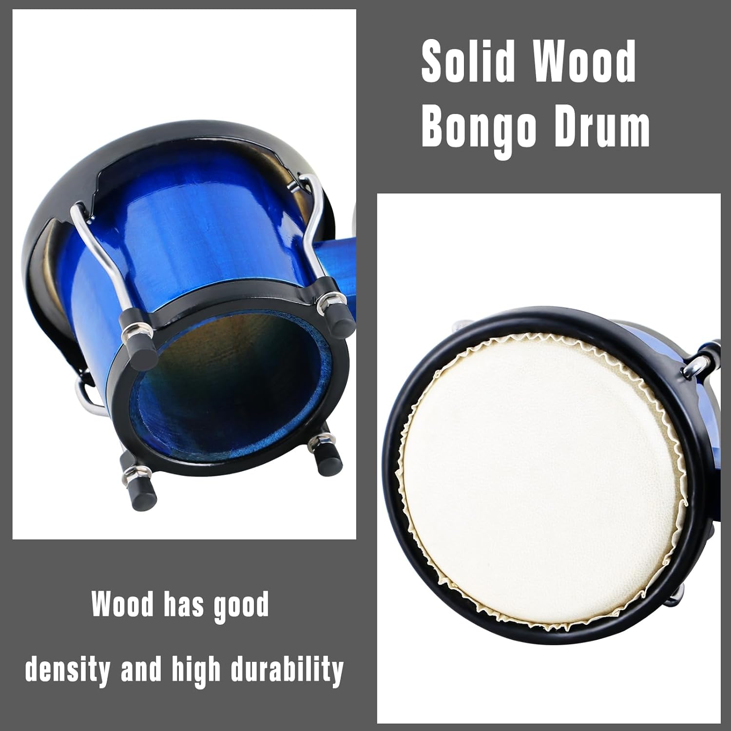 Wood Bongos Drum Set for Beginners Natural Adult Bongo with Tuning Wrench Bongo Drums 4" and 5" Tunable Percussion bongo drum Natural Animal Hides Metal (Blue)