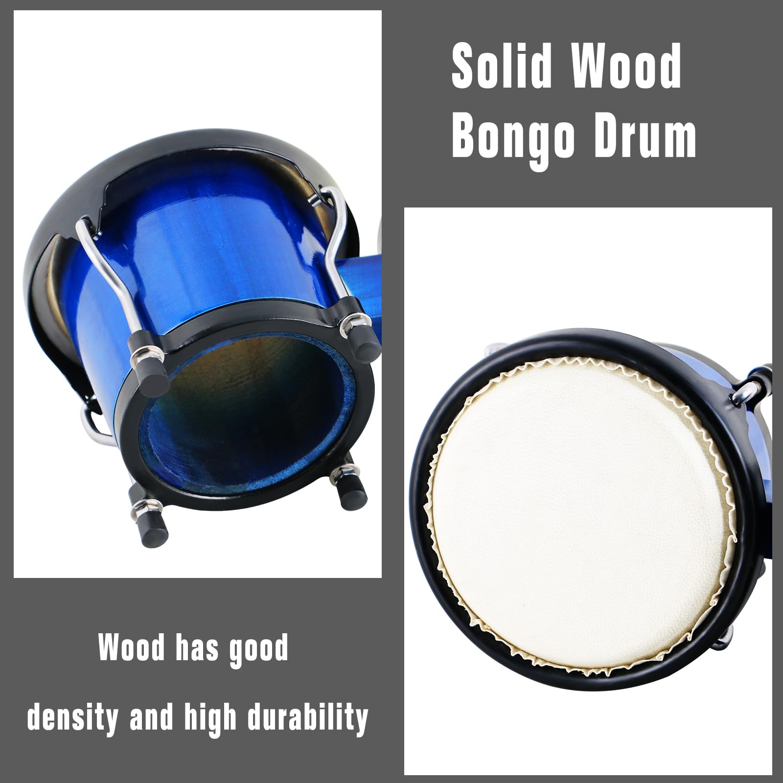 Bongo Drum - Juego de bongos de 10 y 12,7 cm para adultos, principiantes, con concha de madera, color azul | Natural Animal Hides - Bongos de percusión con llave de afinación de bolsa