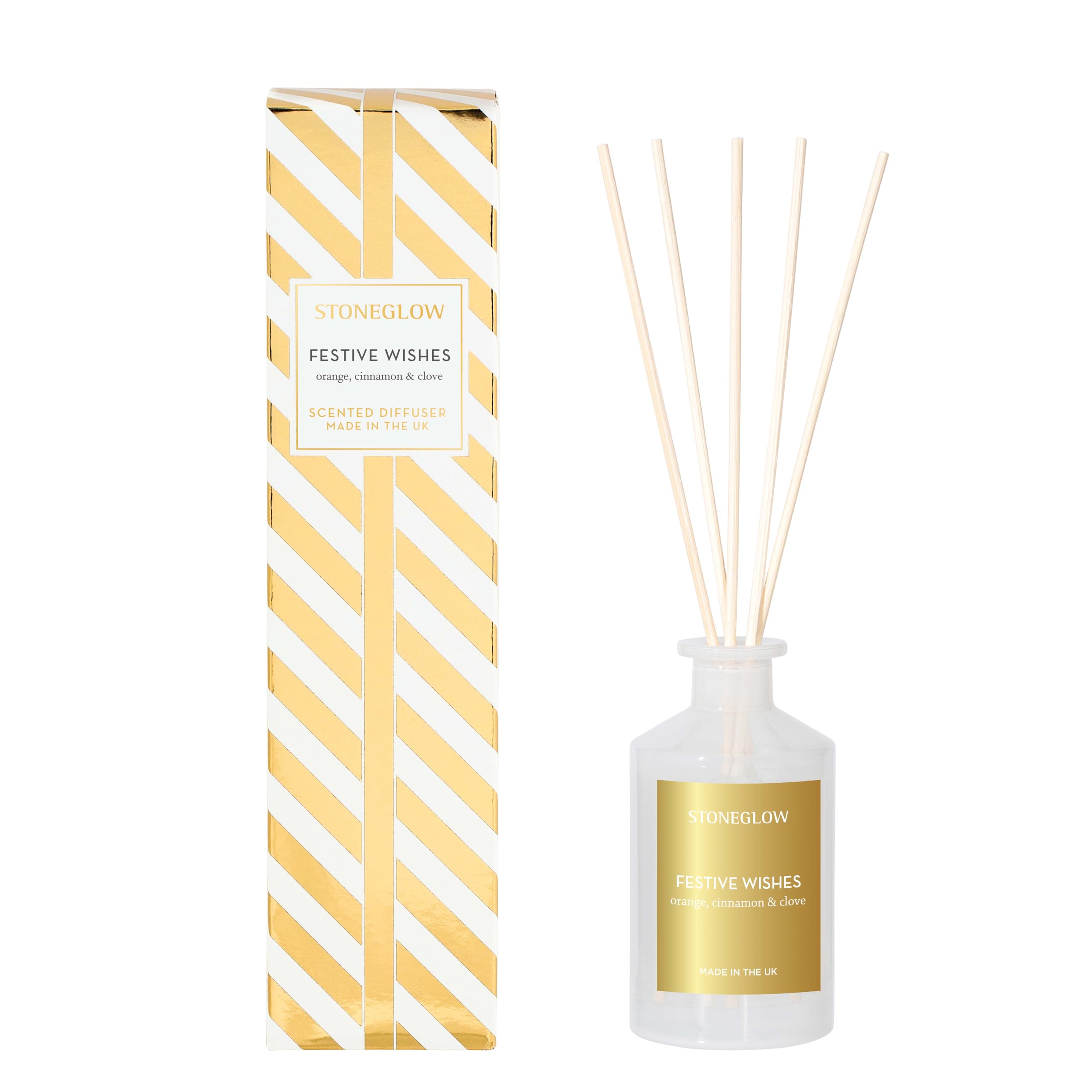 Stoneglow White & Gold Festive Wishes Orange Cinnamon & Clove Scented Reed Diffuser 100Ml – Luxury Home Fragrance, Air Freshener For Home, Aromatherapy Diffuser, 8 Reed Diffuser Sticks, Long Lasting Room Scent
