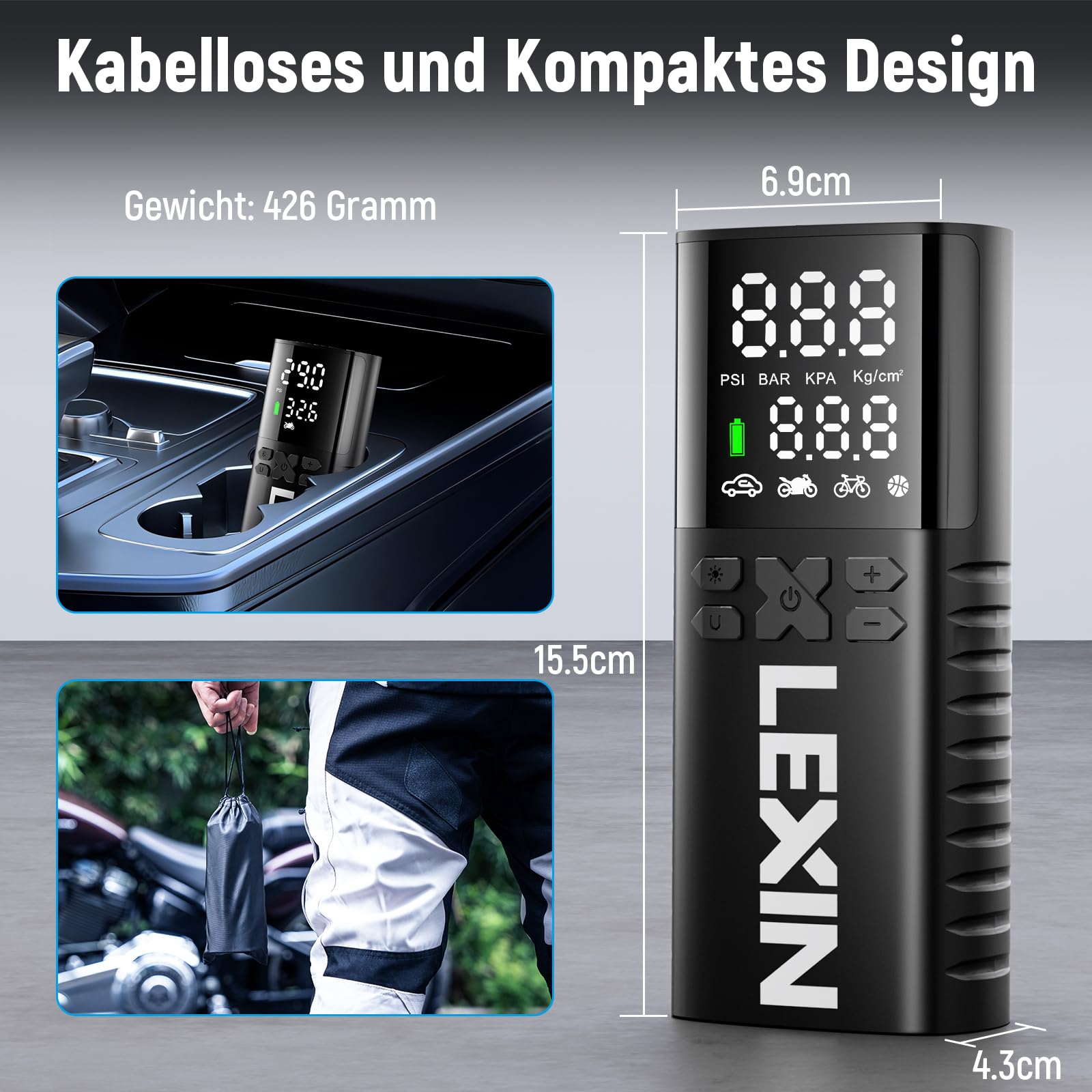 LEXIN Elektrische Luftpumpe, Akku Kompressor, Tragbare Luftpumpe Fahrrad 150 PSI (10,3 Bar), Luftkompressor für Fahrrad Auto Motorrad Bälle, Mini Reifenpumpe mit LED-Anzeige, Notbeleuchtung