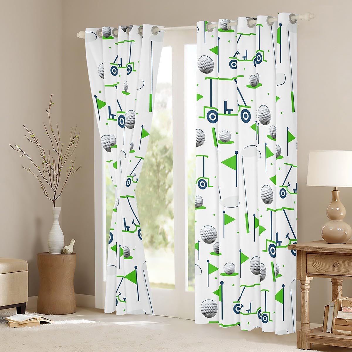 Feelyou Kids Golf Curtains for Bedroom Living Room (2 Panels, 52x84 Inch) Golf Ball Golf Club Darkening Curtain Golf Lover Sports Hobby 30%-50% Blackout Shades Window Treatments Green White Decor