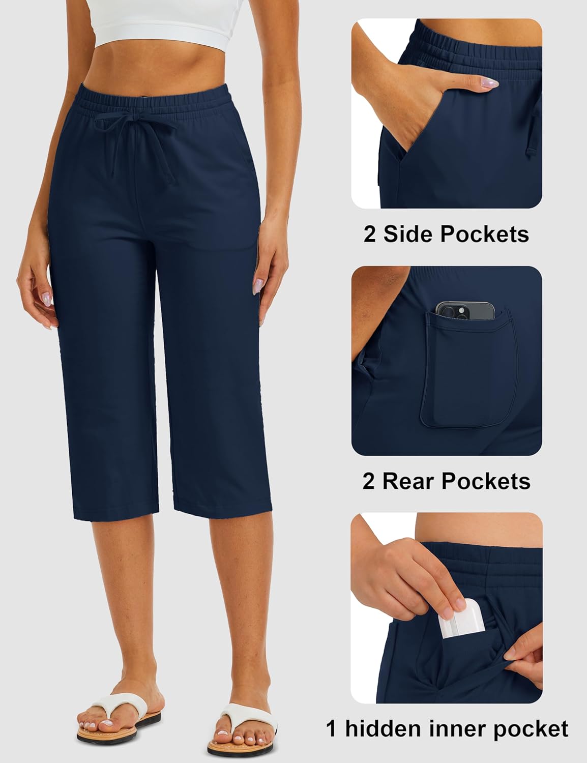 MAGCOMSEN Women's Cotton Capri Pants with 5 Pockets Yoga Wide Leg Capris Loose Casual Lounge Workout Capri Sweatpants - Image 4