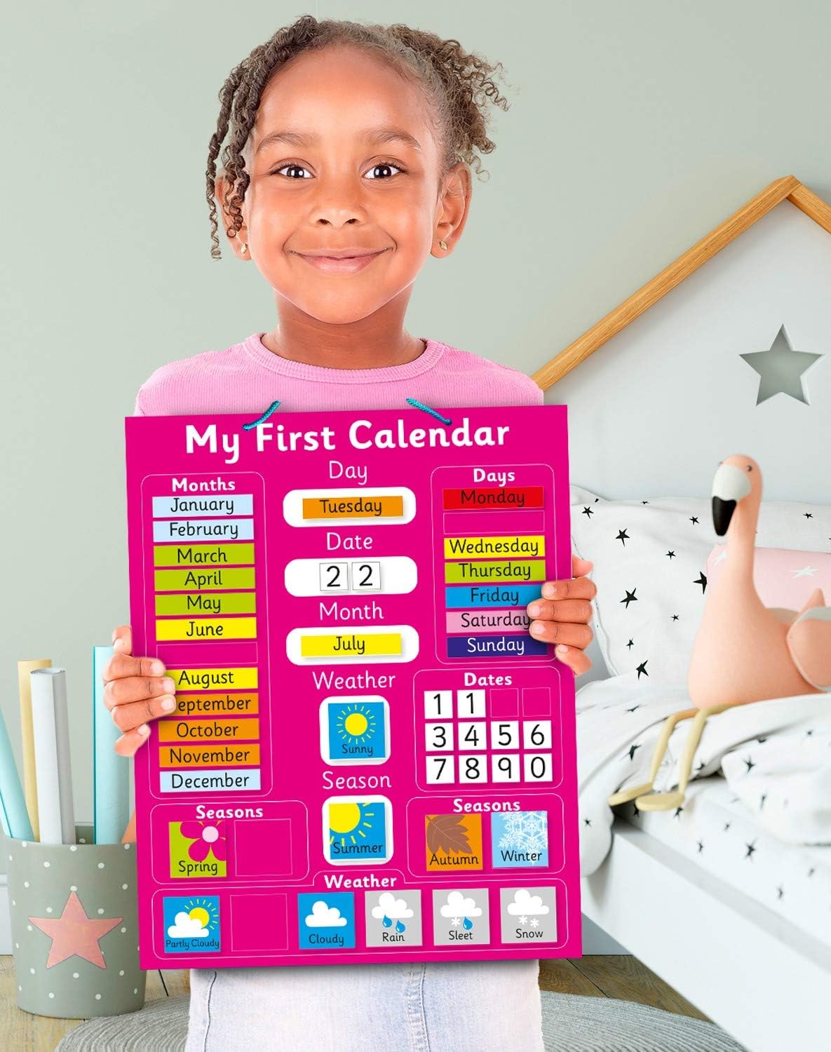 Fridge Magic Magnetic My First Learning Calendar - Pink (Also Available in Blue). Rigid Board 16" x 13" (40 x 32cm) with Hanging Loop (Designed in The UK & Top Seller on Amazon UK)