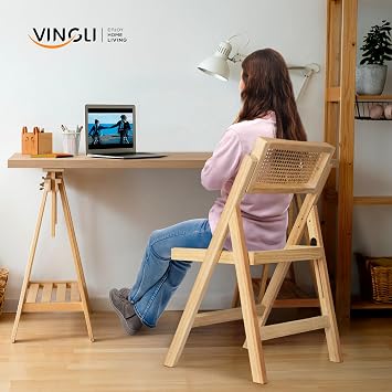VINGLI 2 Pack Rattan Wooden Folding Chair, Dining Folding Chair with 360 Swivel Backrest, Sturdy Rubberwood Frame and Rattan Woven Seat and Back, Natural Color, Set of 2