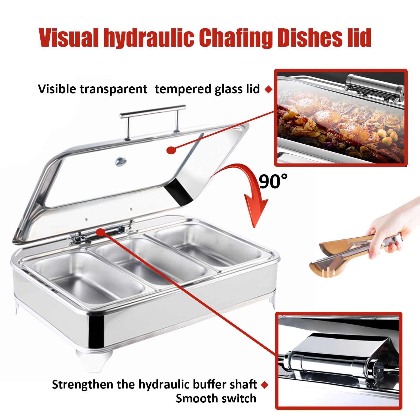 Calentador de Buffet Electrico Chafing Dish Acero Inoxidable, Calentador de Comida Comercial con Tapa Visible para Mesa Buffet, Temperatura Ajustable, 9L, 400 W
