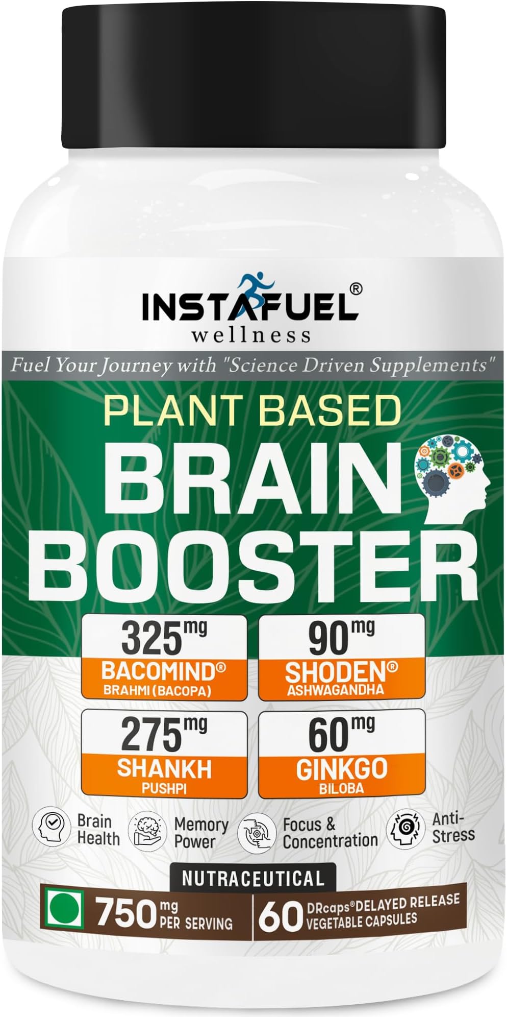 Brain Booster Supplement - Brahmi Bacopa monnieri - BacoMind® Ashwagandha Shoden® Ginkgo Biloba & Shankhpushpi | Support Memory Focus Mental Health & Stress Relief – 60 Capsules