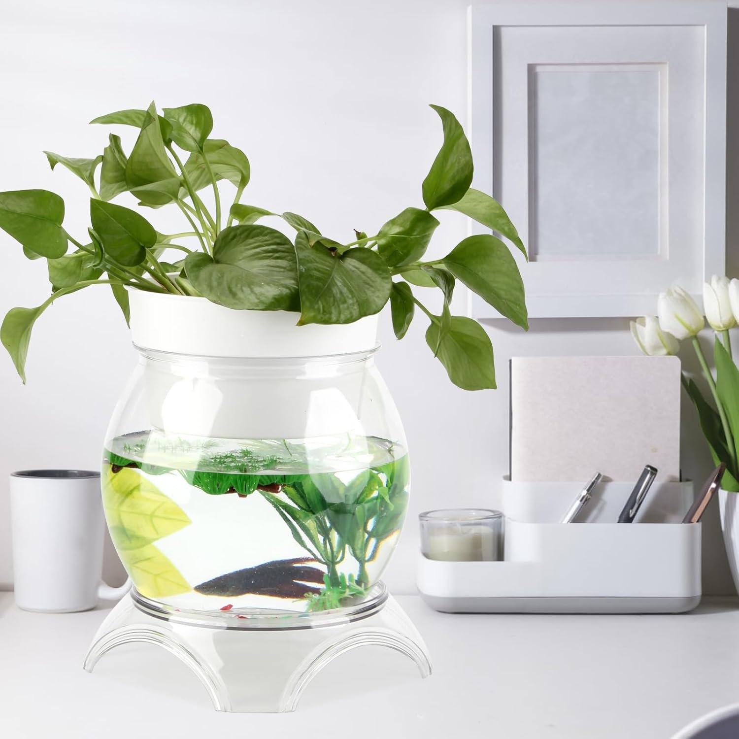 3 Gallon PET Aquaponic Betta Fish Tank Aquaponic with Base and Top, Large Bowl Shatterproof Aquarium Fish Tank with Clear Clarity for Terrarium, Flower Vase Centerpiece Present for Fish Lovers