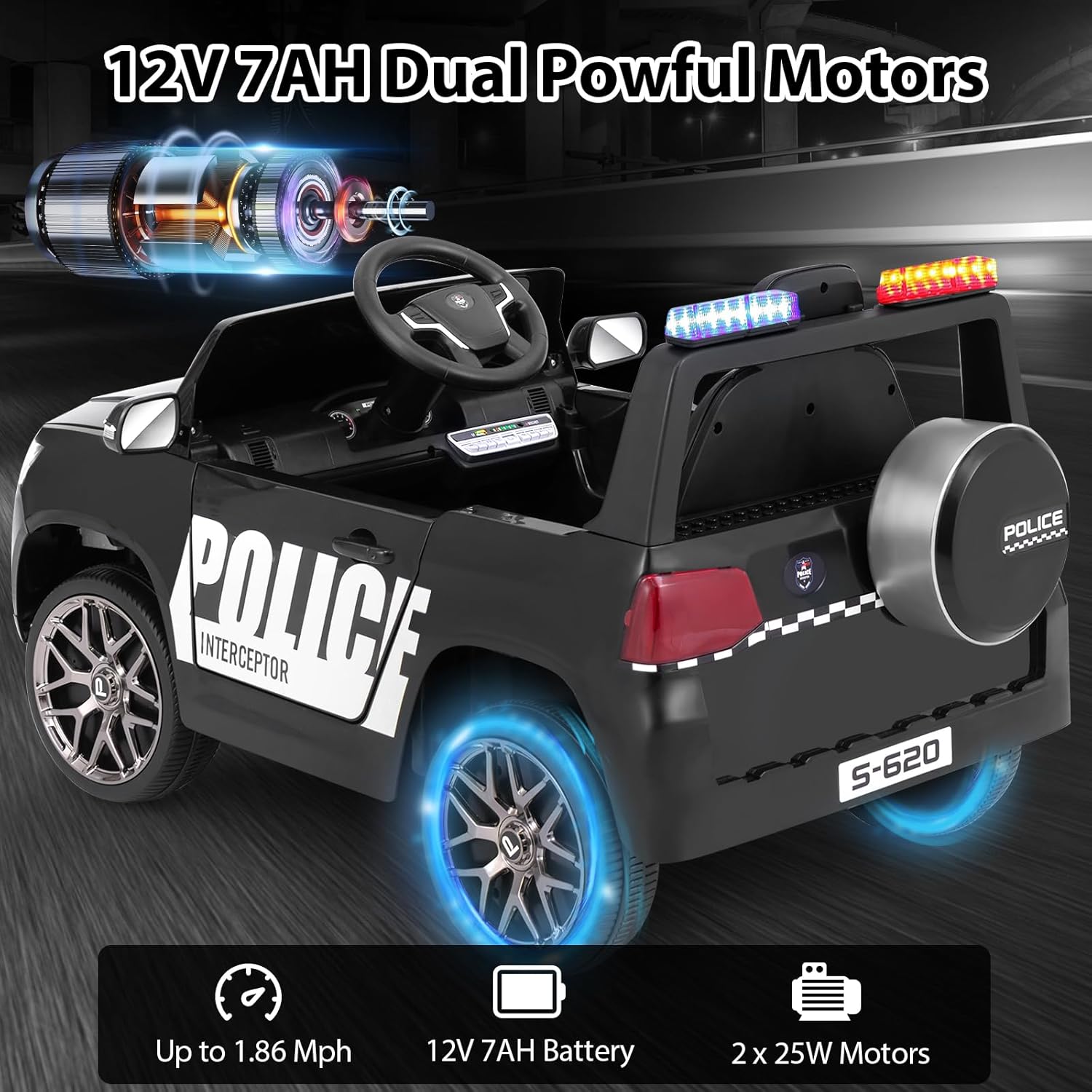 OLAKIDS Ride on Police Car, 12V Kids Battery Powered Electric Vehicle with Siren, Flashing Lights, Bluetooth, Music, MP3, USB, Power Display, Spring Suspension, Aged 3-8 Years (Black)