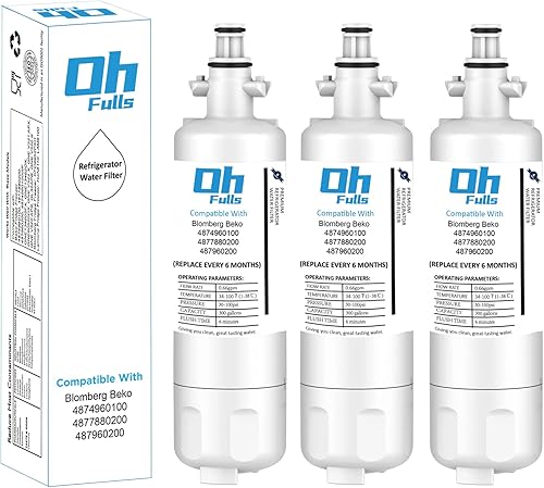 OHFULLS - Filtro de agua de repuesto para nevera y congelador, compatible con filtro de agua Blomberg Beko 4874960100, 3 filtros