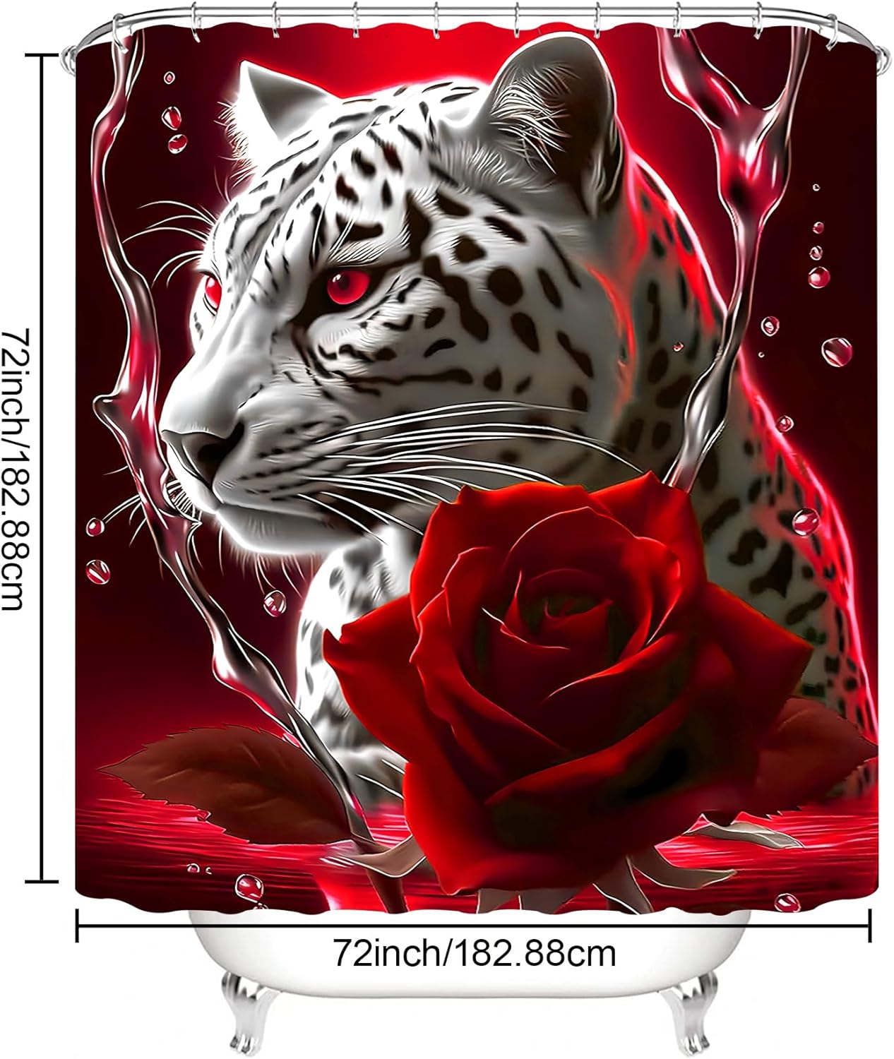 beifivcl 4PCS Red Rose and Leopard Shower Curtain Bathroom Set with Non-Slip Rugs, Toilet Lid Cover and Bath Mat, Red Bathroom Decor Set Accessories Shower Curtains with 12 Hooks, 72 x 72 Inch
