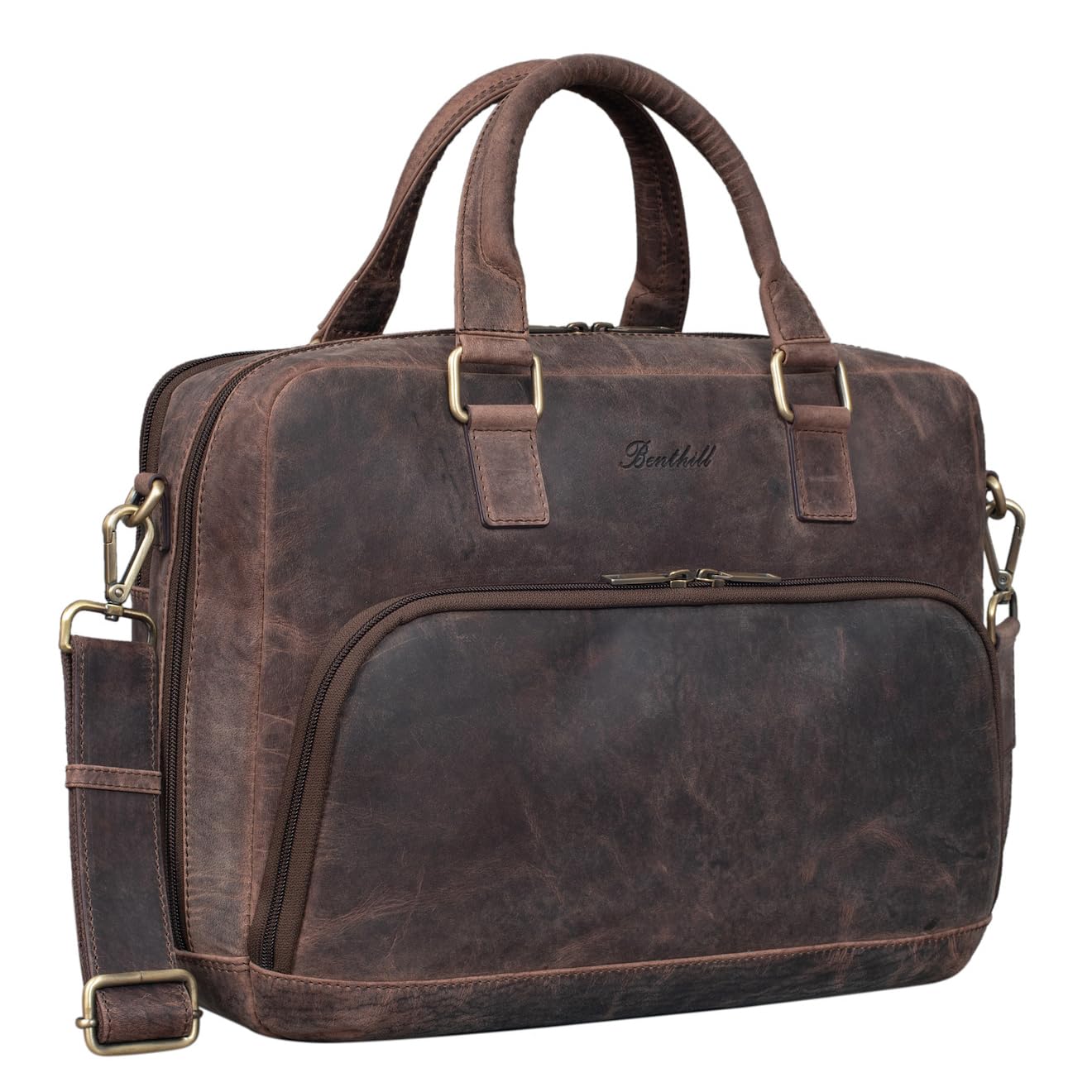 Benthill Aktentasche Leder Laptoptasche - Ledertasche für Herren und Damen Gross - Umhängetasche aus echtem Leder - Große Schultertasche für Laptop, Farbe: Dark Brown