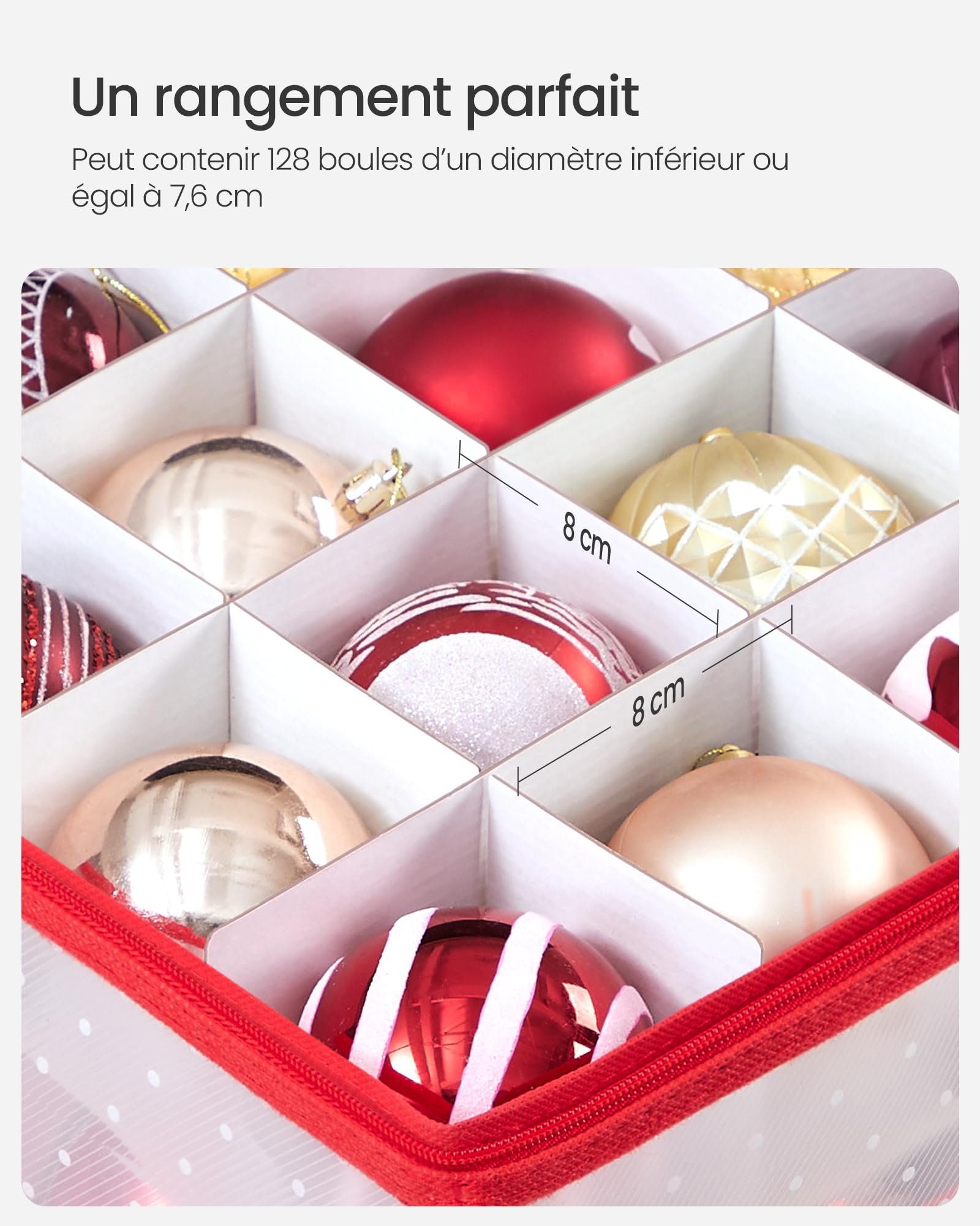 Boîte De Rangement Pour Décorations De Noël - 64 Cases - Avec Couvercle Et Fermeture éclair - Rouge Cerise - 8