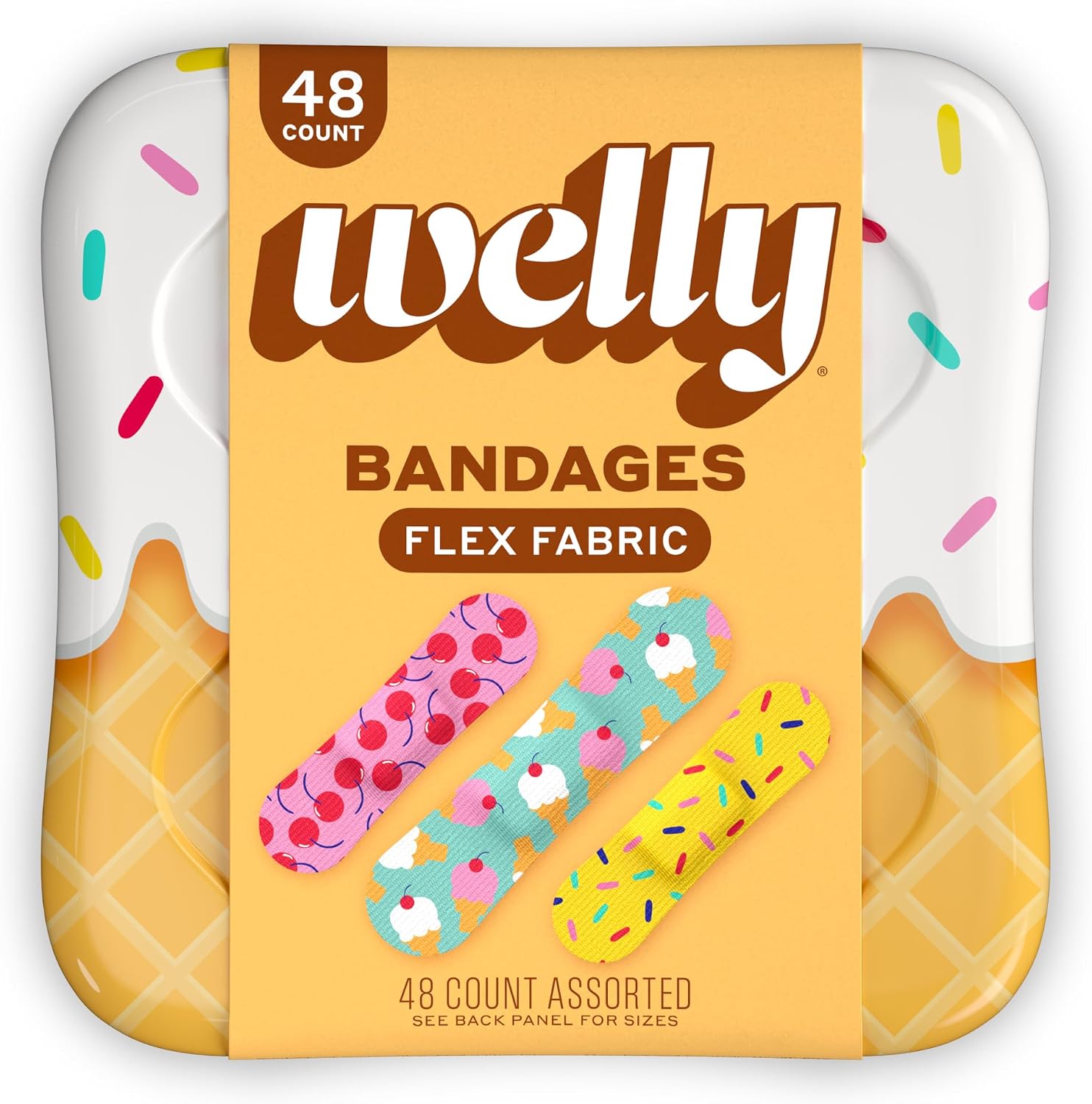 Welly Bandages | Adhesive Flexible Fabric Bravery Badges | Assorted Shapes for Minor Cuts, Scrapes, and Wounds | Colorful and Fun First Aid Tin | Ice Cream Patterns - 48 Count