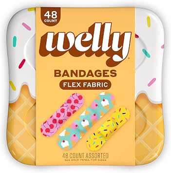 Welly Bandages | Adhesive Flexible Fabric Bravery Badges | Assorted Shapes for Minor Cuts, Scrapes, and Wounds | Colorful and Fun First Aid Tin | Ice Cream Patterns - 48 Count