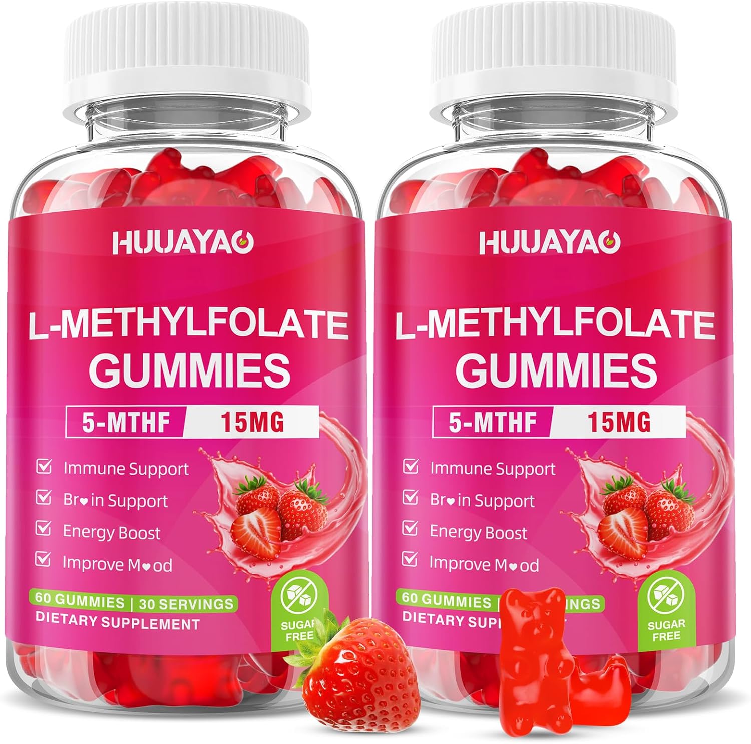 L-Methylfolate 15 mg Gummies, Methylfolate Supplement, Folate 5-MTHF Supplement for Support Mood, Brain Health, Immune System, Sugar Free, Strawberry Flavor, 120 Count