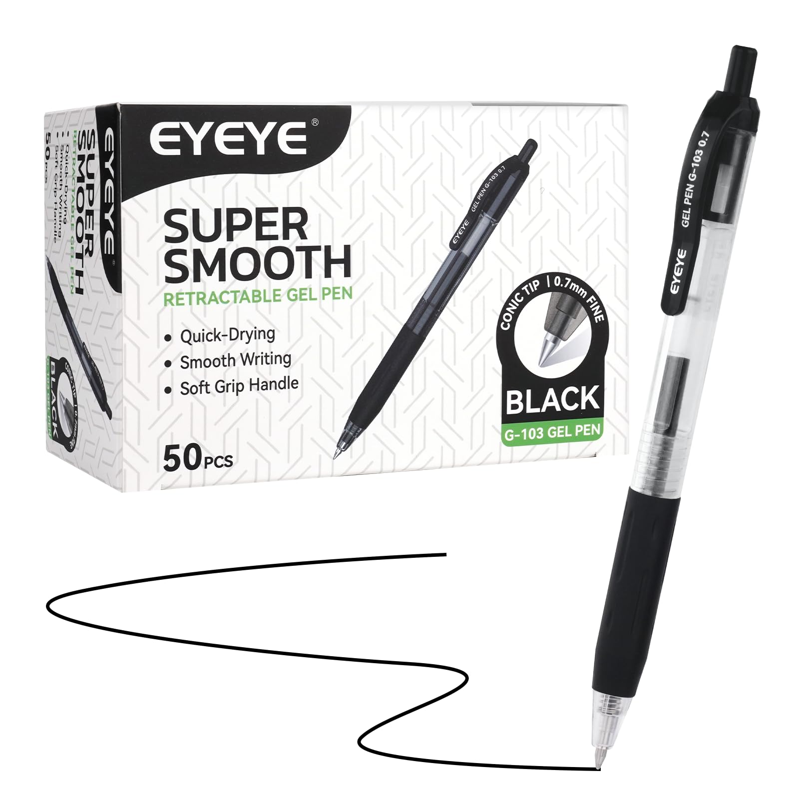 EYEYE G-103 Retractable Gel Pens Black 0 7mm 50 Pack Medium Point Gel Ink Pens Quick Drying 0