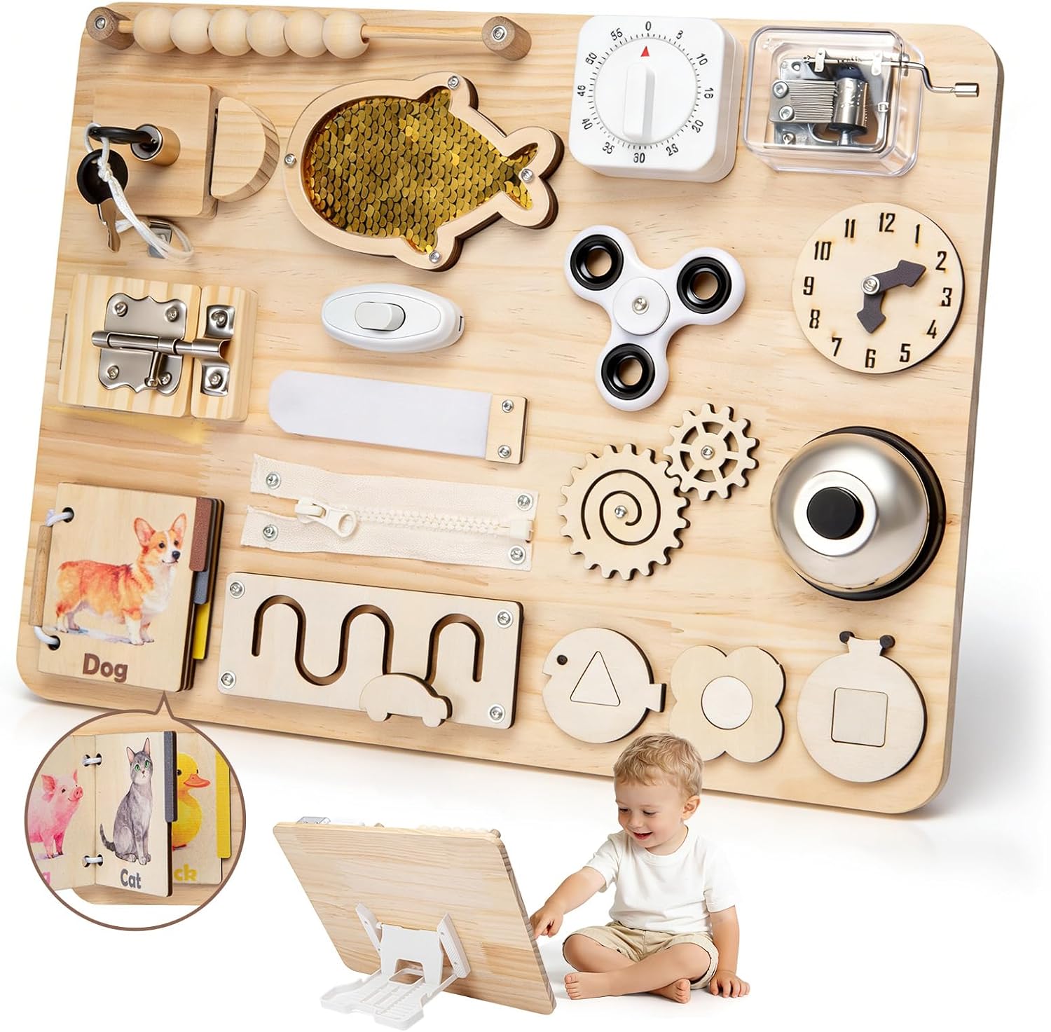 Montessori Large Busy Board for 1 2 3 4,Wooden Sensory Activity Toys,Fine Motor Skills & Early Learning for Toddler Baby Boys Girls Gifts for ADHD & Autistic Kids Children