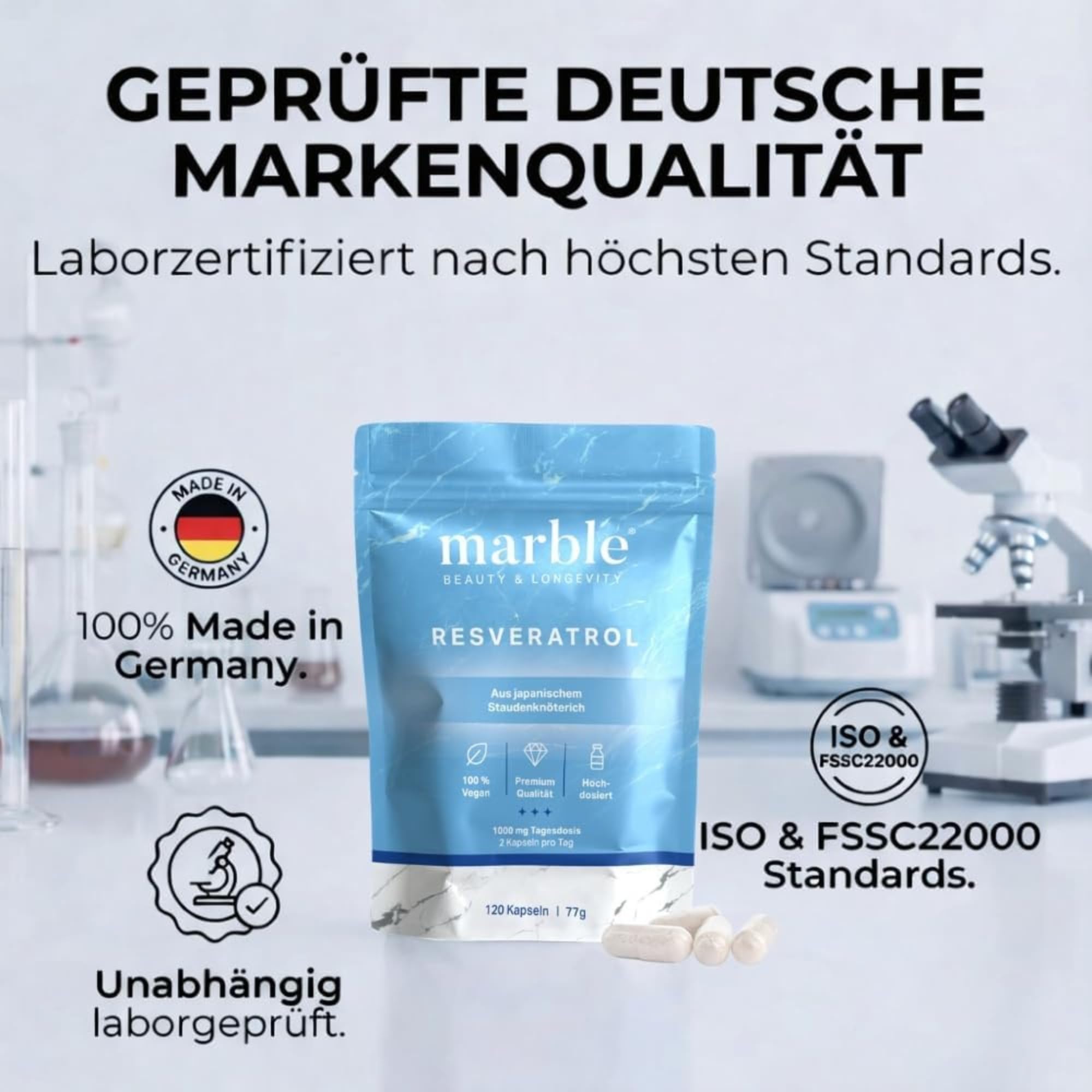 marble® Trans-Resveratrol 1000 mg, 120 vegane Kapseln - 2 Monatsvorrat, aus Japanischem Staudenknöterich 100:1 Extrakt + Piperin, laborgeprüft, Made in Germany - 30 Tage risikofrei testen